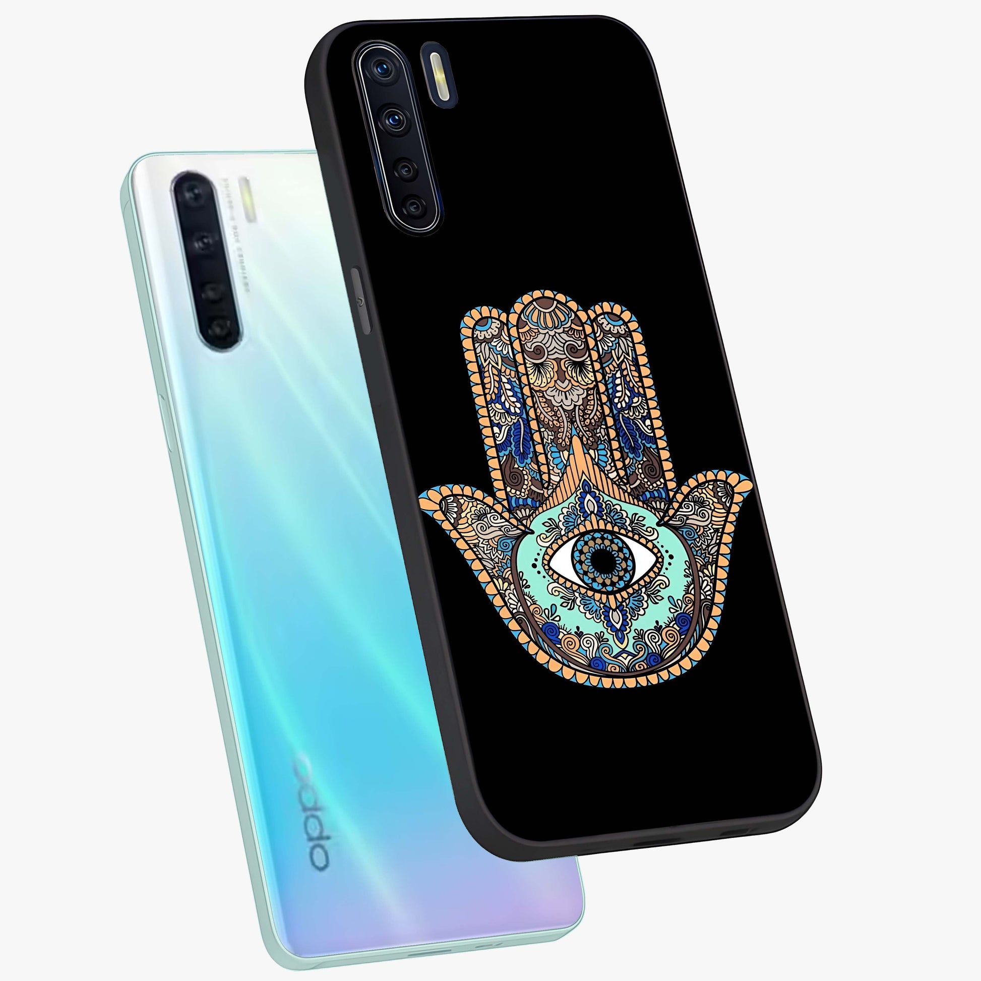 Mystic Hamsa Eye Glass Case displayed in angled mockup highlighting spiritual hamsa symbol with mystical aesthetic style.
