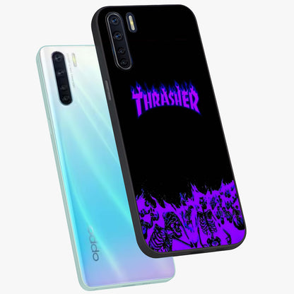 Neon Flame Riot Glass Case displayed in angled mockup highlighting glowing flame design with vibrant neon aesthetic.