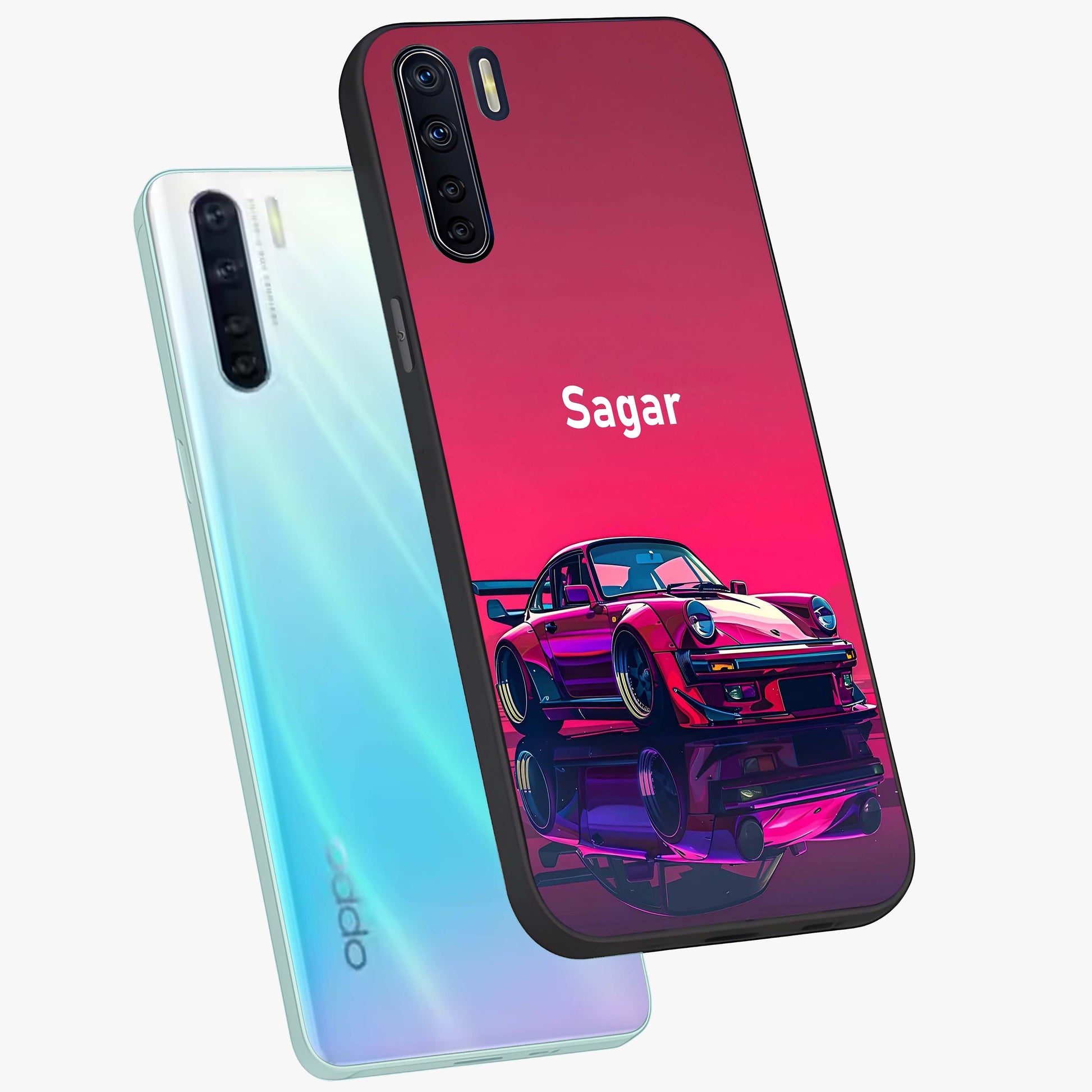 Neon Pink Porsche Glass Case displayed in angled mockup highlighting sleek neon pink car design with racing aesthetic.