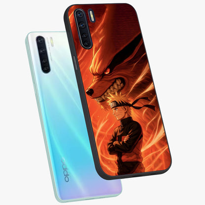 Nine Tails Legacy Glass Case displayed in angled mockup highlighting dynamic anime beast illustration with bold mystical aesthetic.