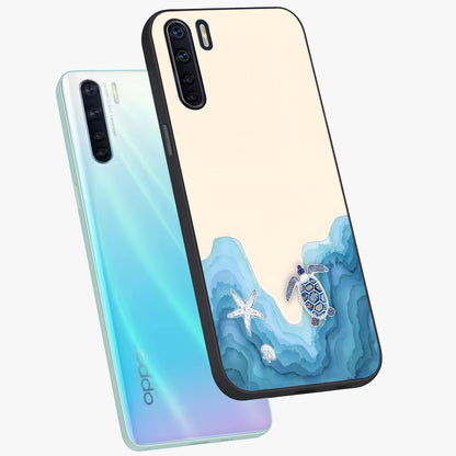 Ocean Drift Turtle Glass Case displayed in angled mockup highlighting peaceful ocean turtle illustration with marine aesthetic.