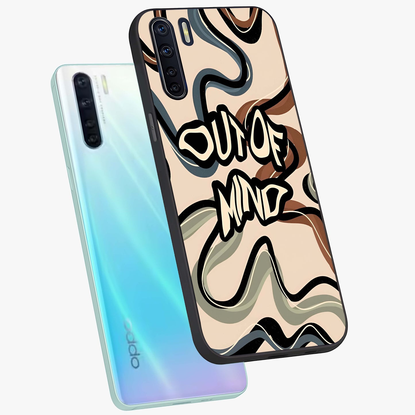Out Of Mind Glass Case displayed in angled mockup highlighting bold statement design with modern artistic aesthetic.