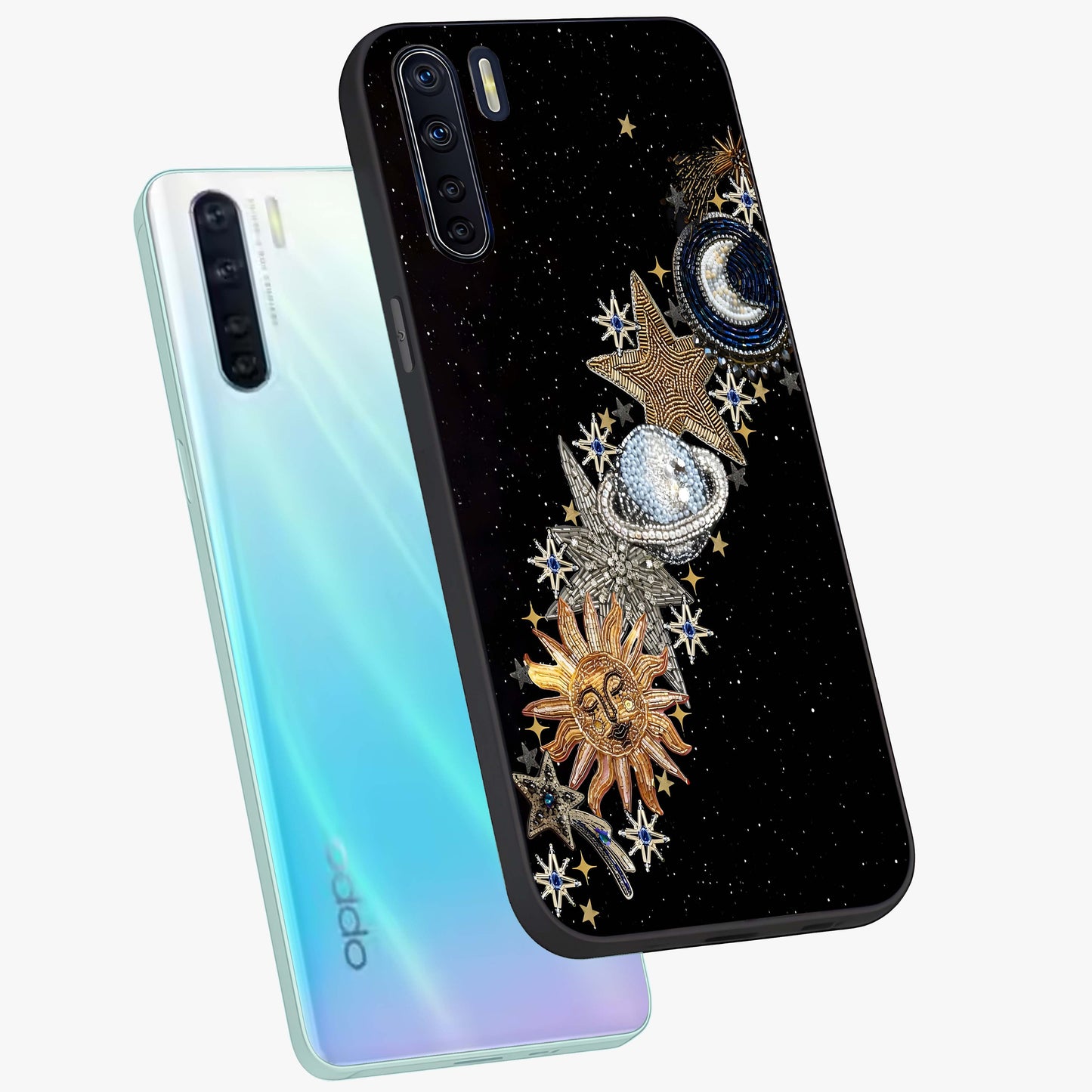 Pearls Universe Object Glass Case displayed in angled mockup highlighting celestial pearl design with dreamy aesthetic.