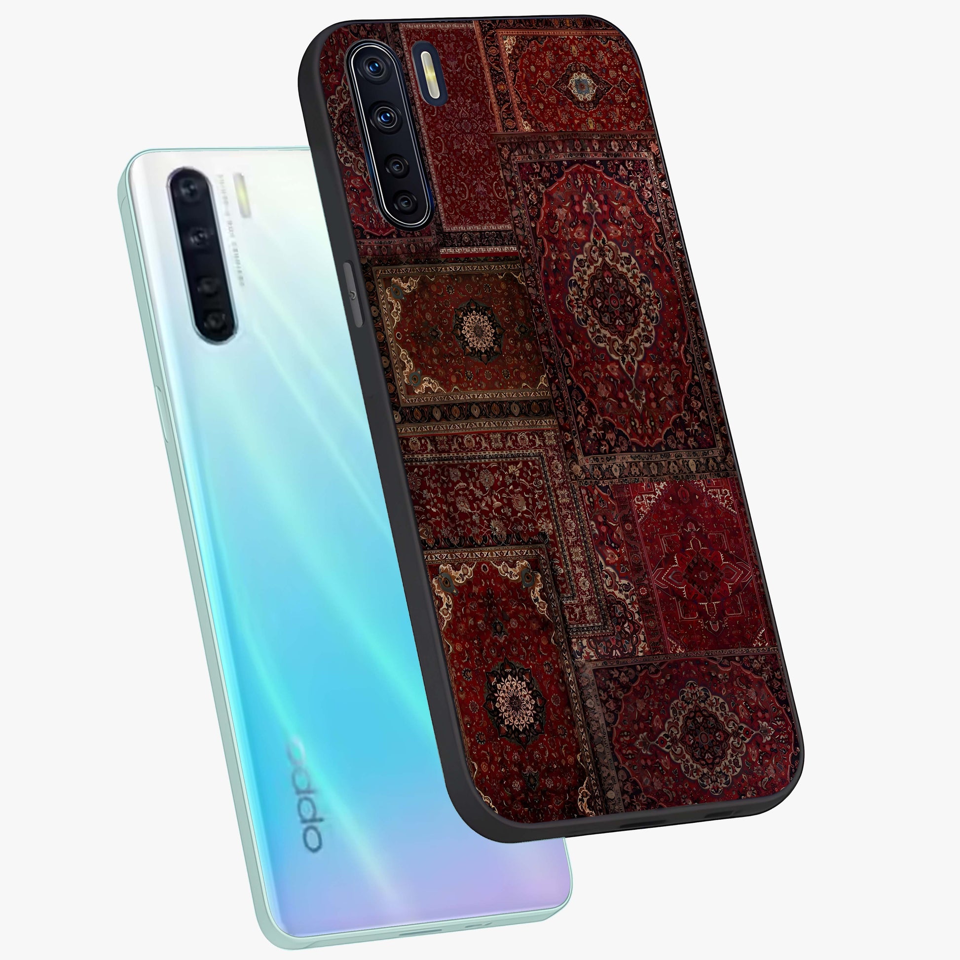 Persian Velvet Tale Glass Case displayed in angled mockup highlighting ornate textile inspired design with royal aesthetic.
