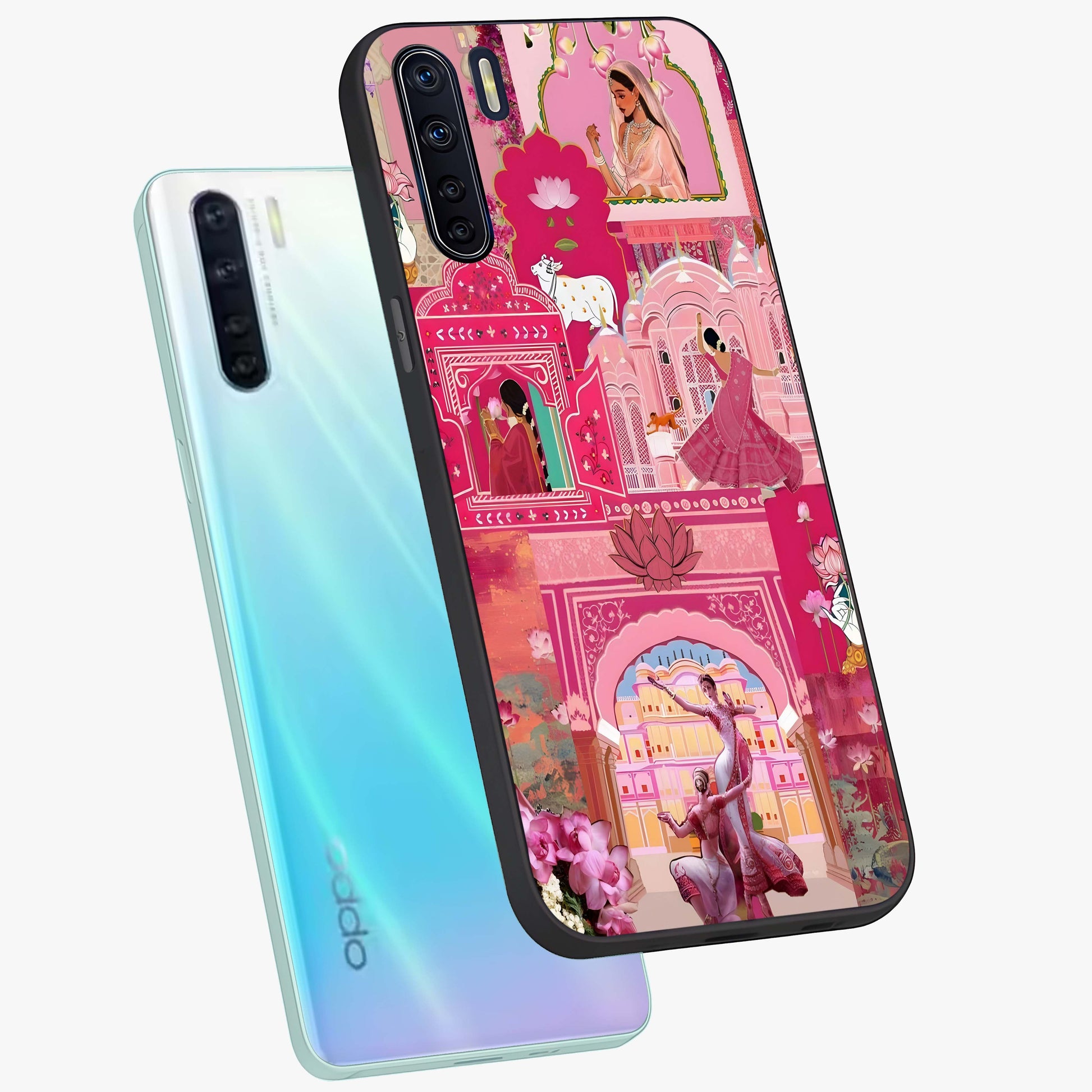 Pink Palace Muse Glass Case displayed in angled mockup highlighting dreamy palace illustration with soft pink aesthetic.
