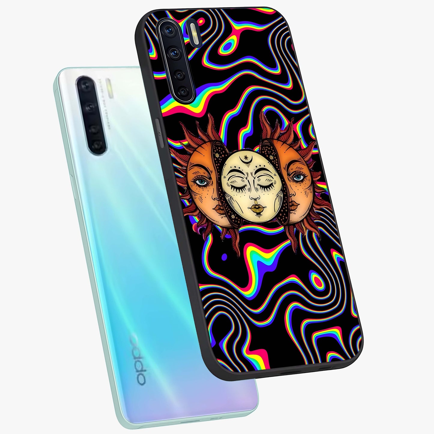 Psychedelic Sun Glass Case displayed in angled mockup highlighting vibrant abstract sun design with artistic aesthetic style.
