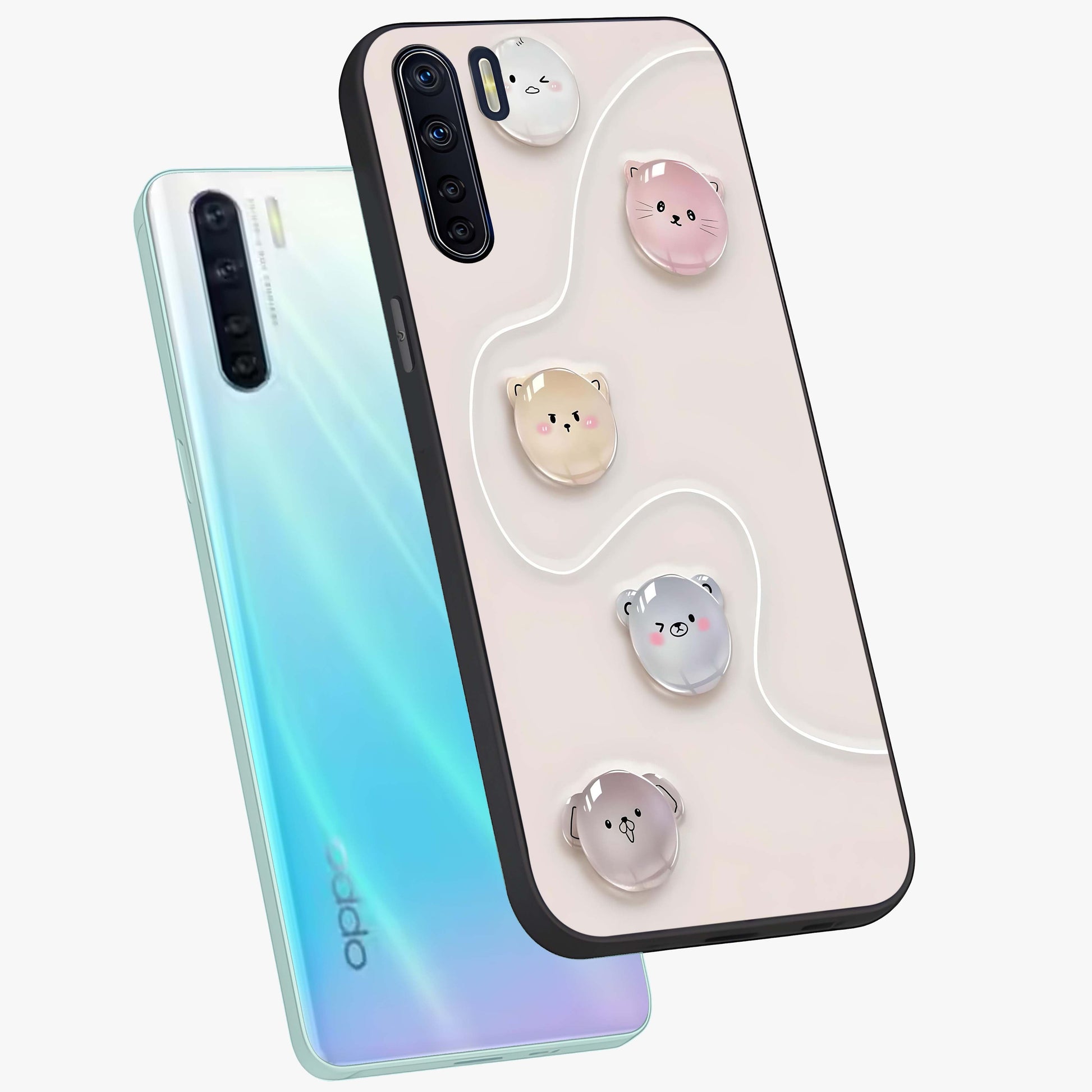 Puffy Face Parade Glass Case displayed in angled mockup highlighting playful cartoon face design with fun aesthetic.