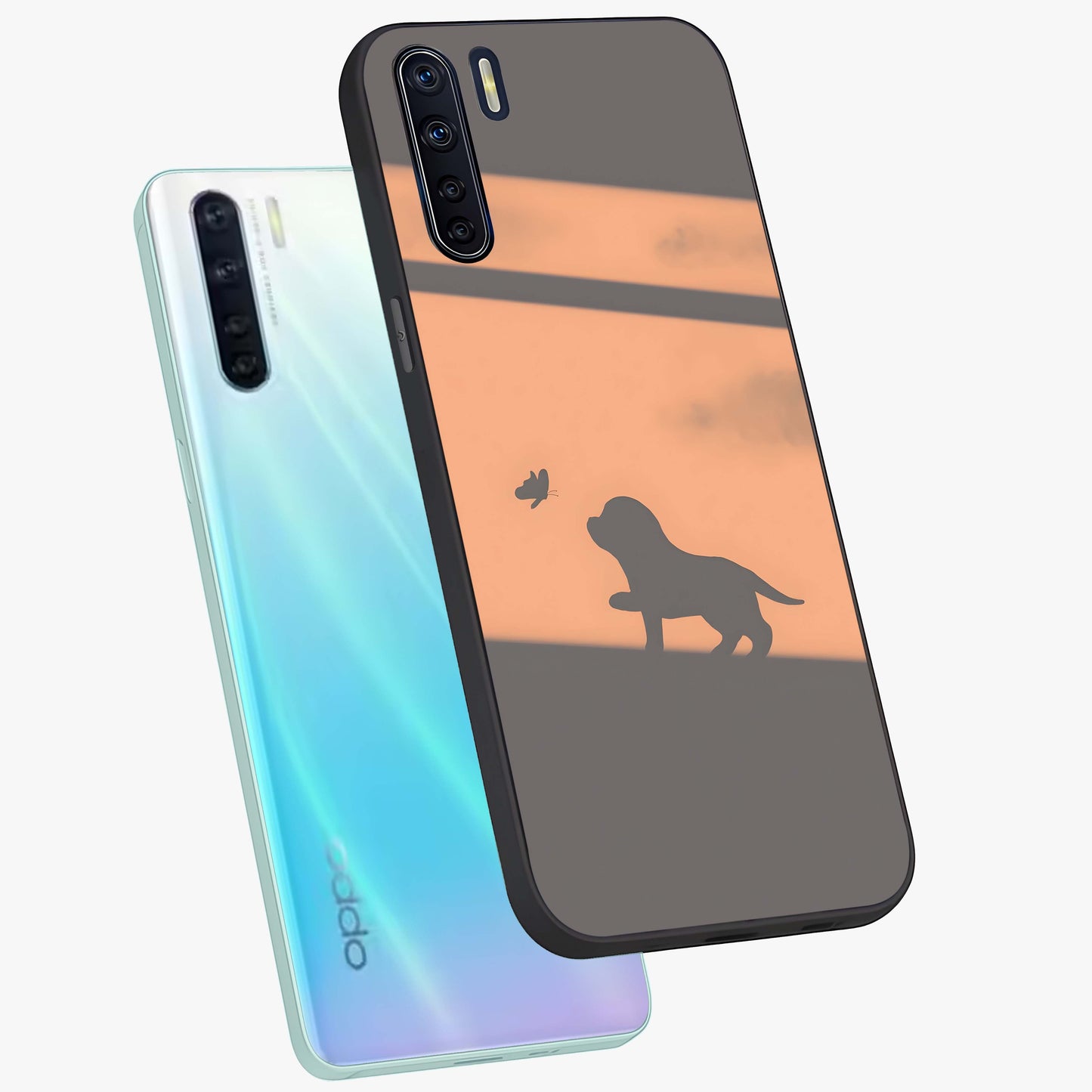 Puppy Shadow Art Glass Case displayed in angled mockup highlighting playful dog illustration with artistic shadow aesthetic.