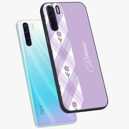 Purple Diamond Floral Glass Case displayed in angled mockup highlighting elegant purple flower design with decorative pattern.