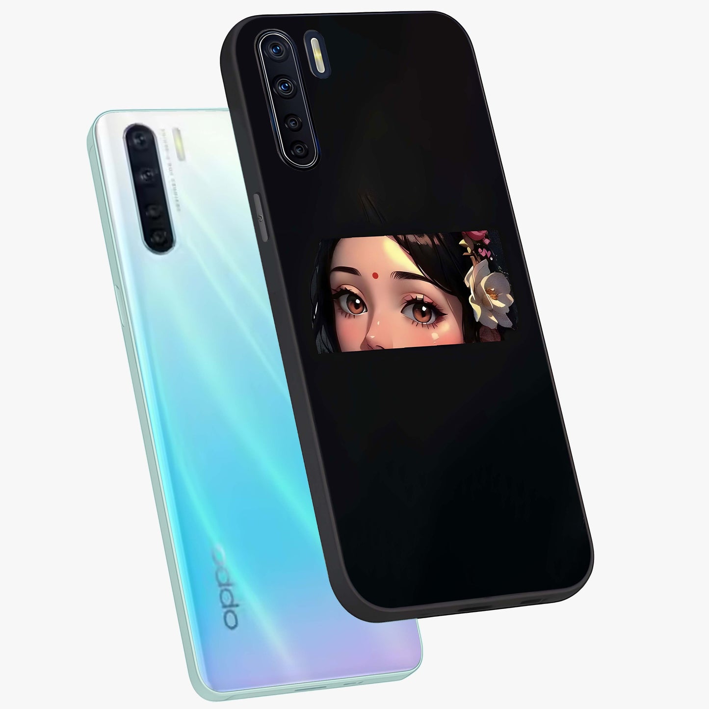 Radha Divine Embrace Glass Case displayed in angled mockup highlighting graceful spiritual illustration with divine aesthetic.