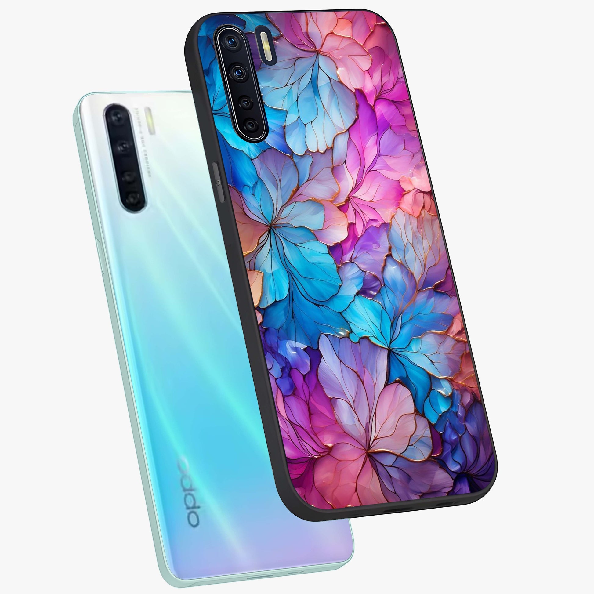 Radiant Floral Whirl Glass Case displayed in angled mockup highlighting vibrant flower pattern with dynamic artistic aesthetic.