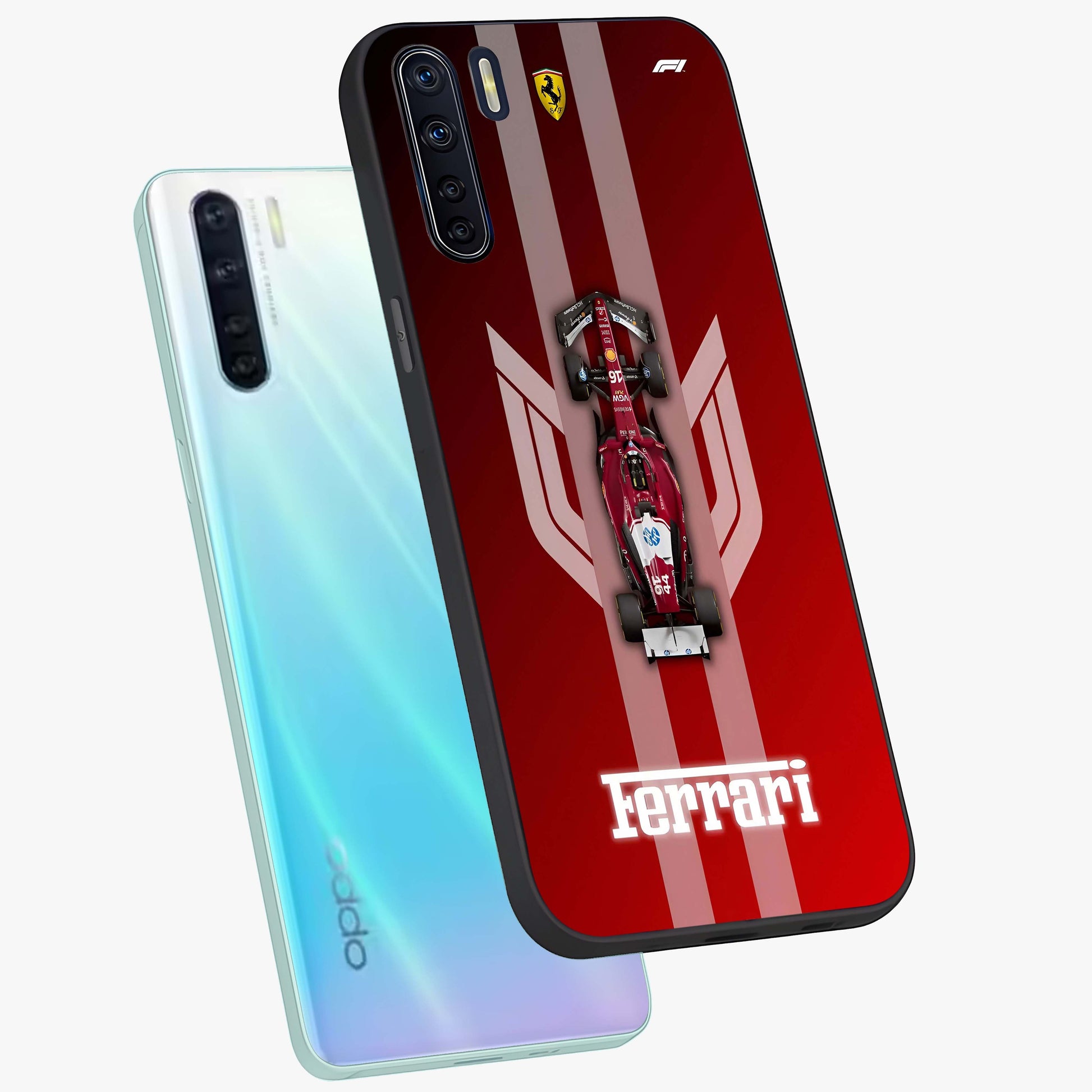 Red Ferrari F1 Vertical Glass Case displayed in angled mockup highlighting high speed racing design with bold automotive aesthetic.