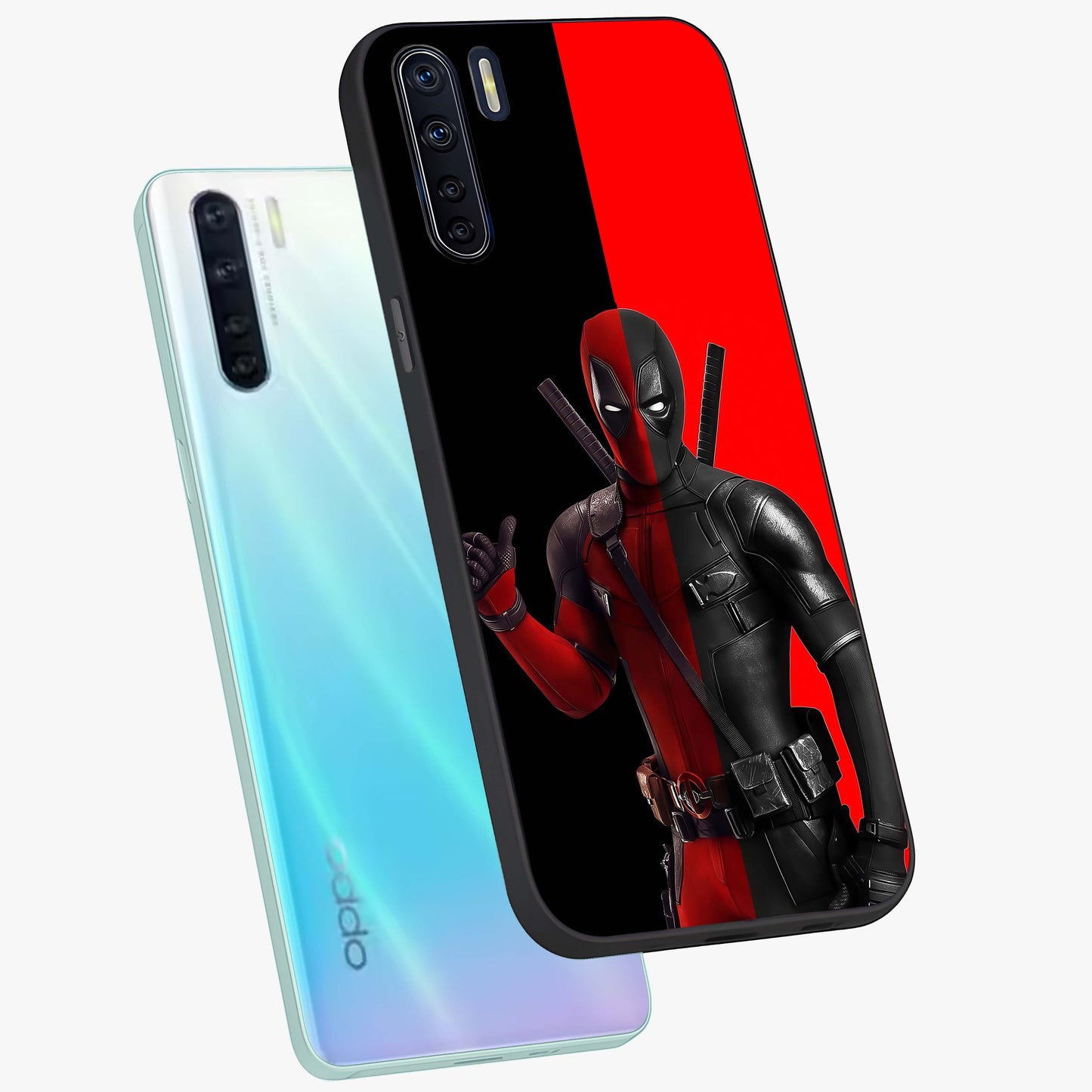 Red & Black Deadpool Theme Glass Case displayed in angled mockup highlighting vibrant superhero style illustration with action aesthetic.