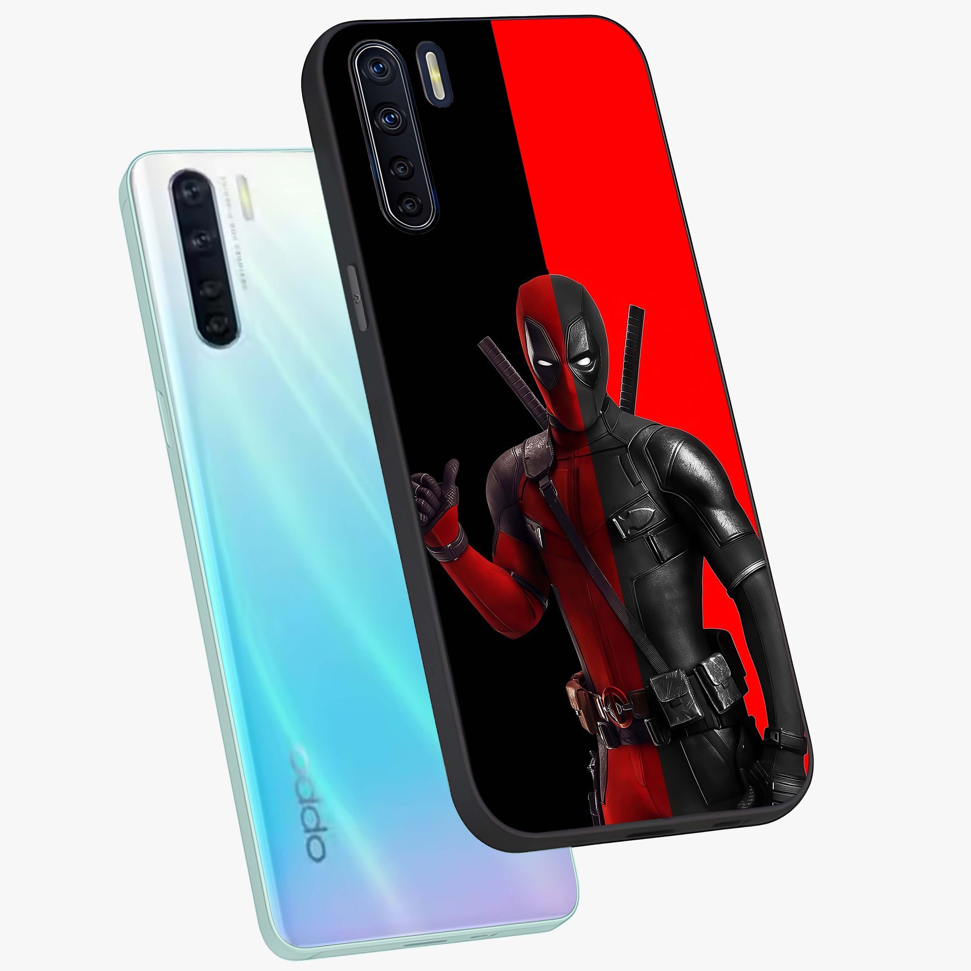 Red & Black Deadpool Theme Glass Case displayed in angled mockup highlighting vibrant superhero style illustration with action aesthetic.