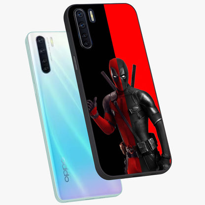 Red & Black Deadpool Theme Glass Case displayed in angled mockup highlighting vibrant superhero style illustration with action aesthetic.