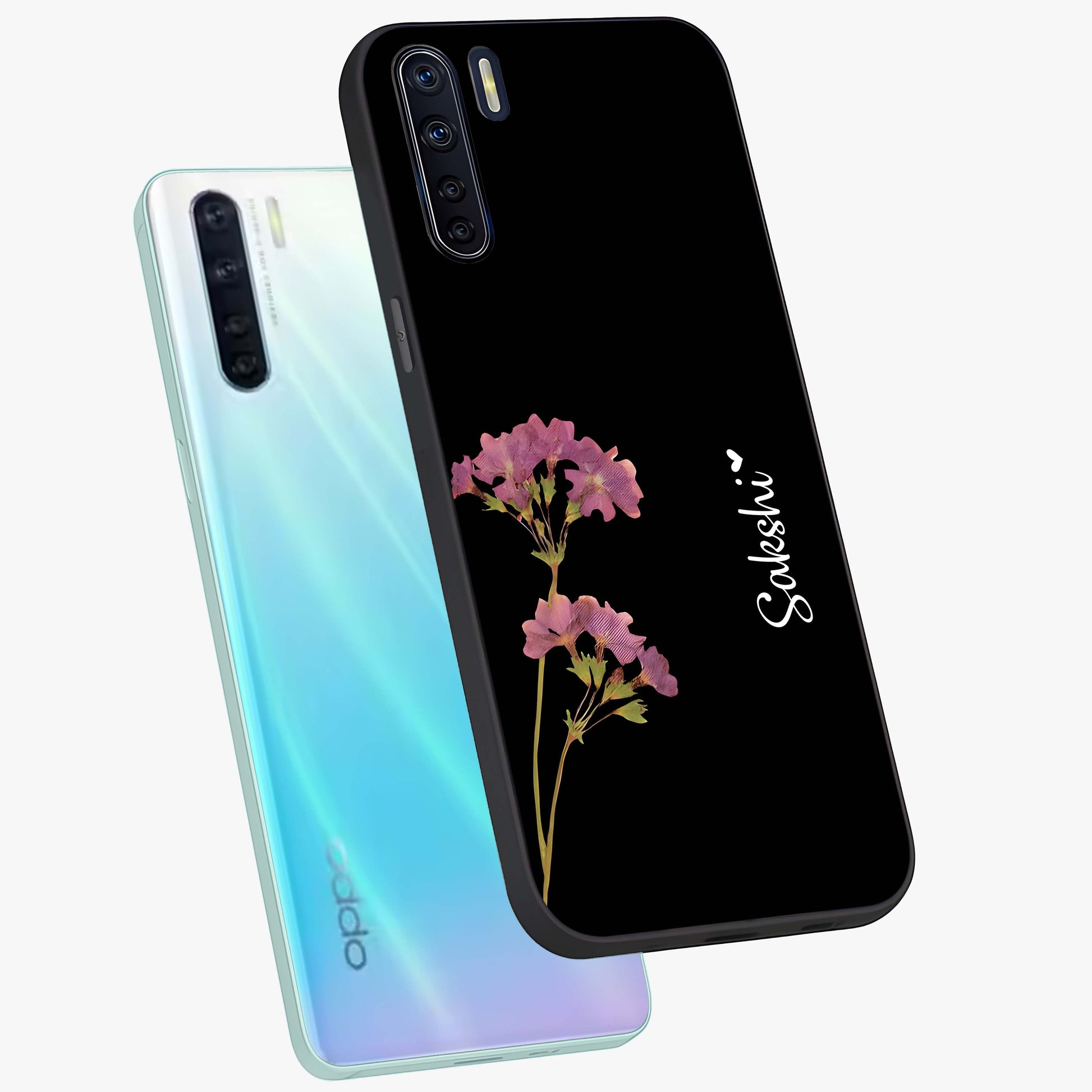 Riching Lavender Flower Custom Name Glass Case displayed in angled mockup highlighting delicate lavender flower design with custom name feature.