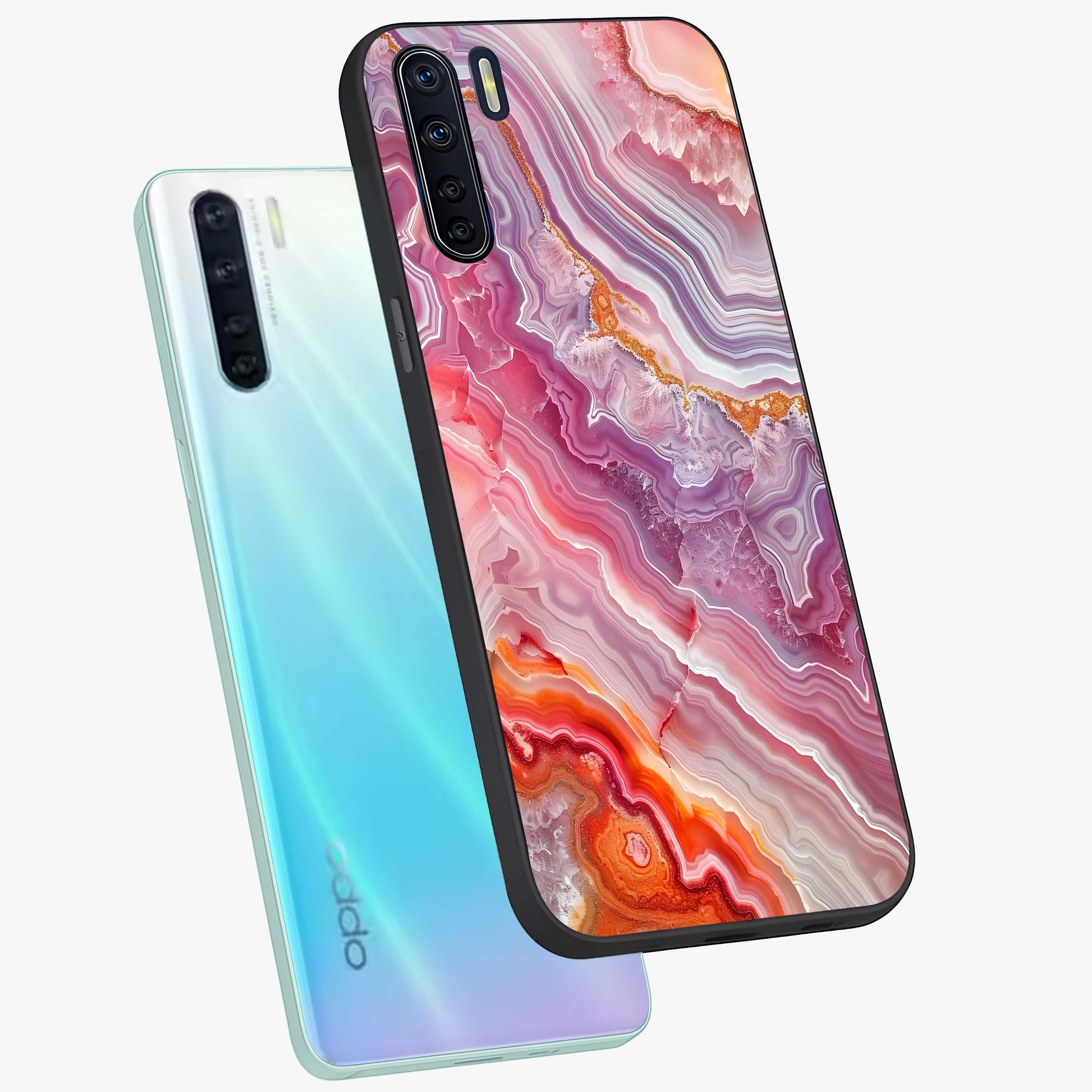Rose Quartz Marble Glass Case displayed in angled mockup highlighting elegant marble pattern with soft aesthetic style.