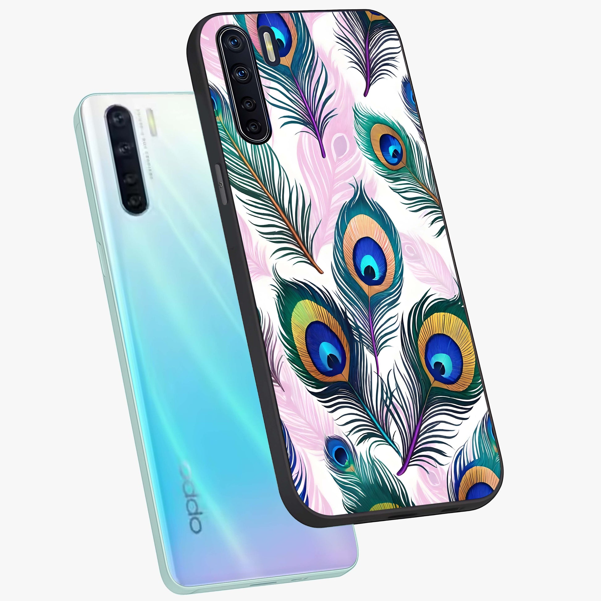 Royal Peacock Feathers Glass Case displayed in angled mockup highlighting vibrant feather pattern with regal aesthetic style.