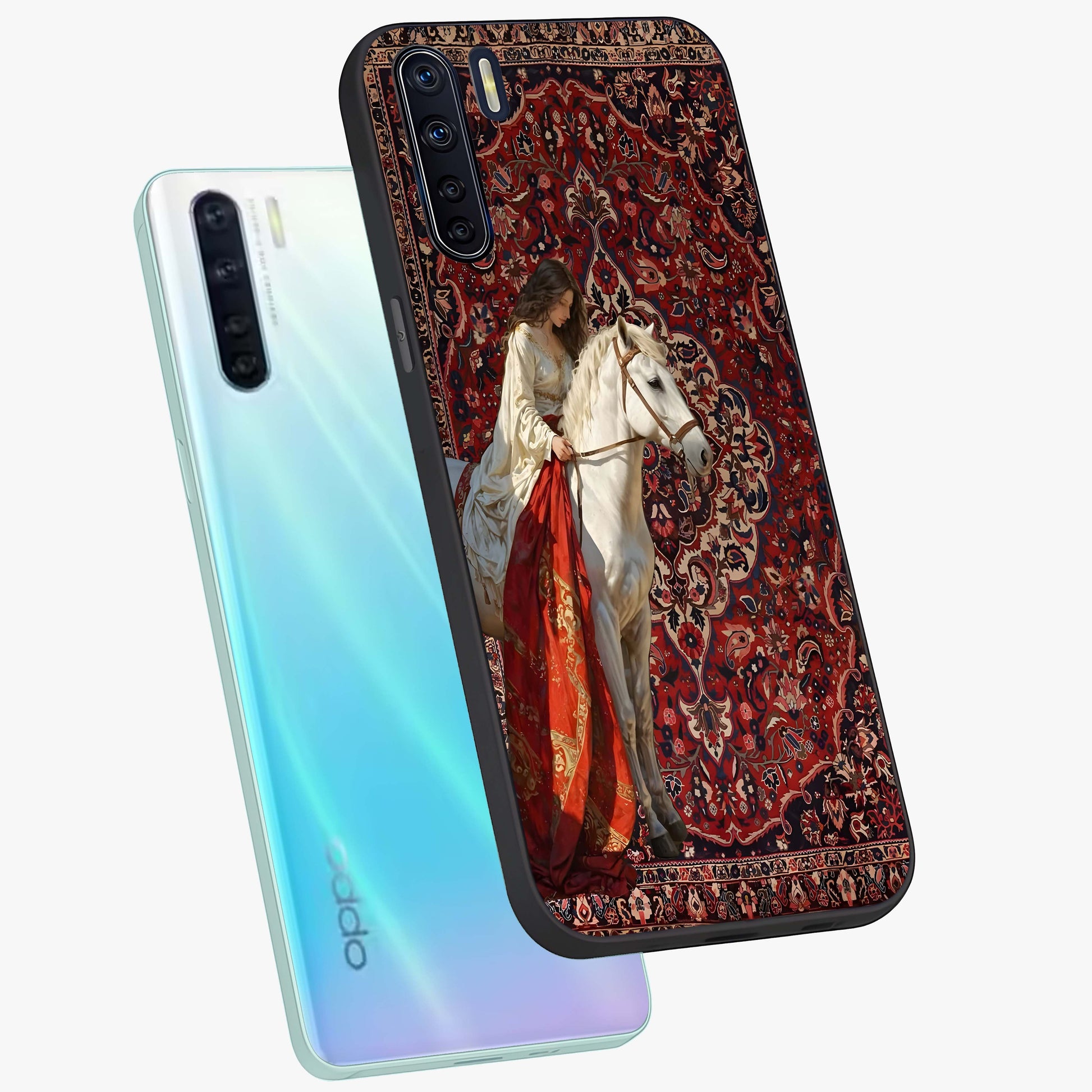 Royal Rider Tapestry Glass Case displayed in angled mockup highlighting traditional tapestry design with royal heritage aesthetic.