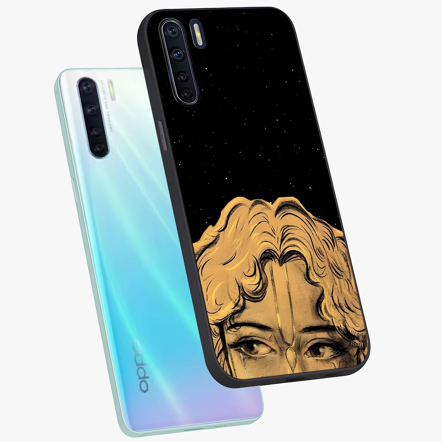 Shri Krishna Art Glass Case displayed in angled mockup highlighting spiritual Krishna illustration with divine aesthetic.