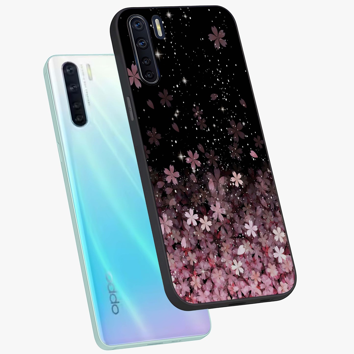 Small Starry Flowers Glass Case displayed in angled mockup highlighting tiny flower pattern with celestial aesthetic style.