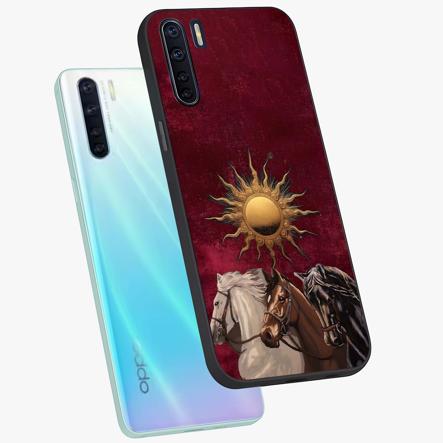 Solar Riders Glass Case displayed in angled mockup highlighting powerful rider illustration with radiant solar aesthetic.