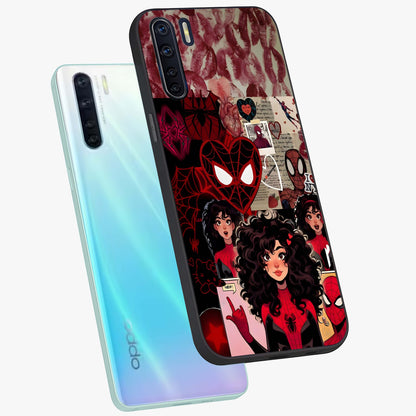 Spider Love Story Glass Case displayed in angled mockup highlighting expressive comic inspired design with playful aesthetic.