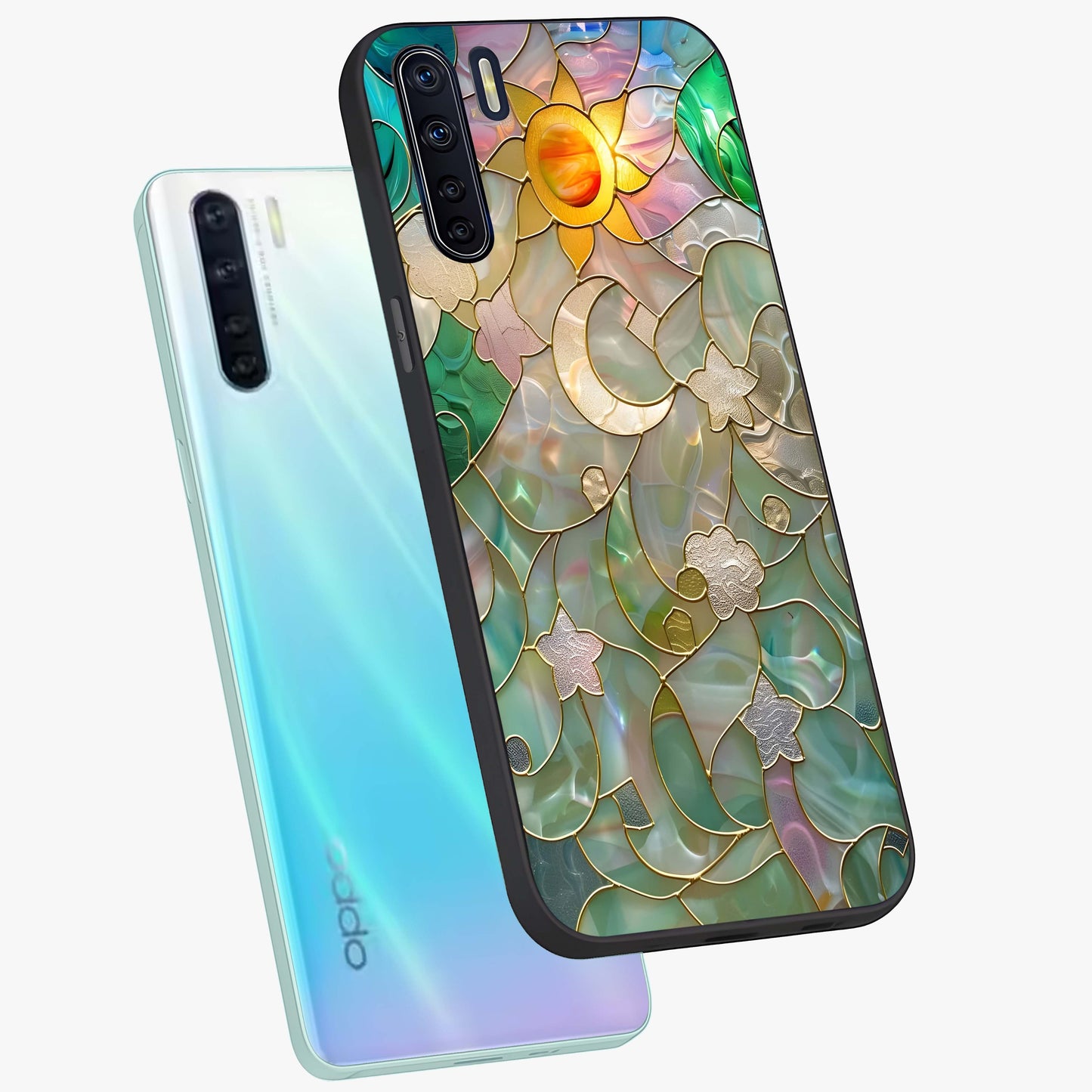 Stained Sunrise Glow Glass Case displayed in angled mockup highlighting radiant sunrise design with artistic aesthetic style.