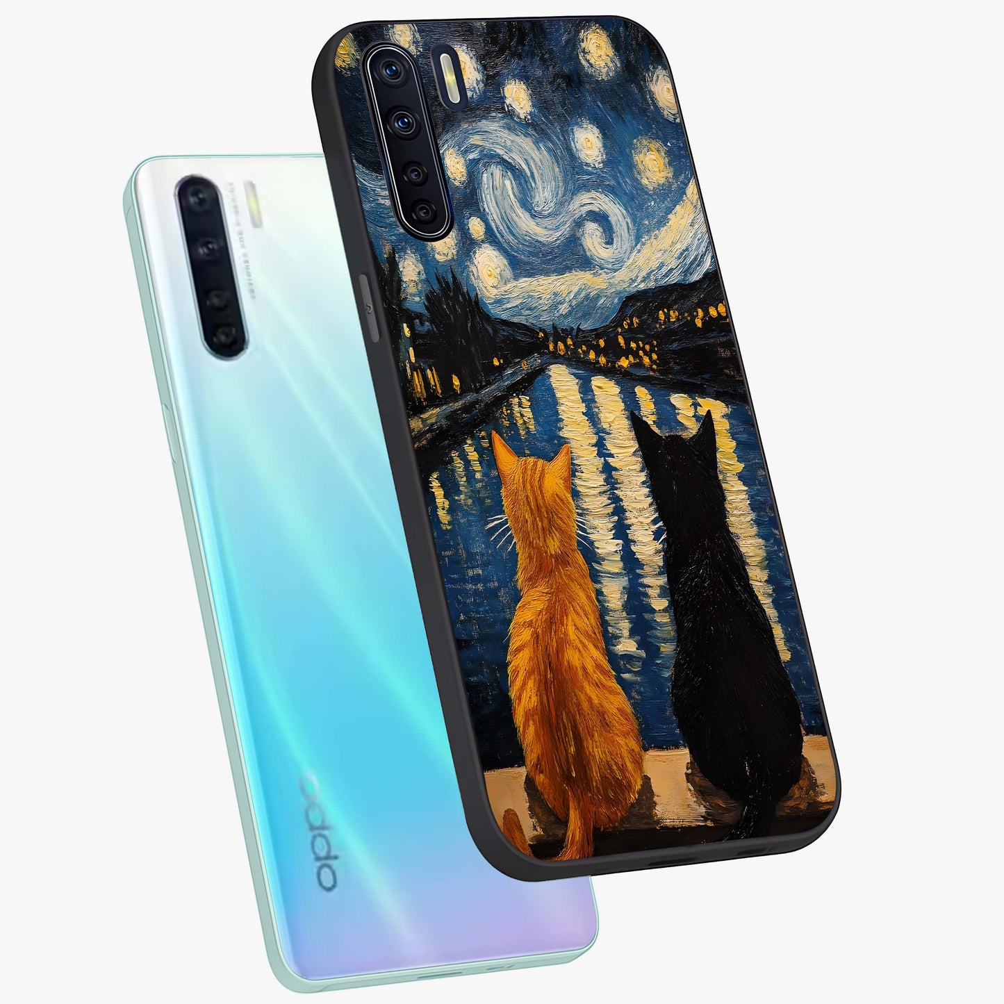 Starry River Cats Glass Case displayed in angled mockup highlighting charming feline illustration with dreamy night aesthetic.