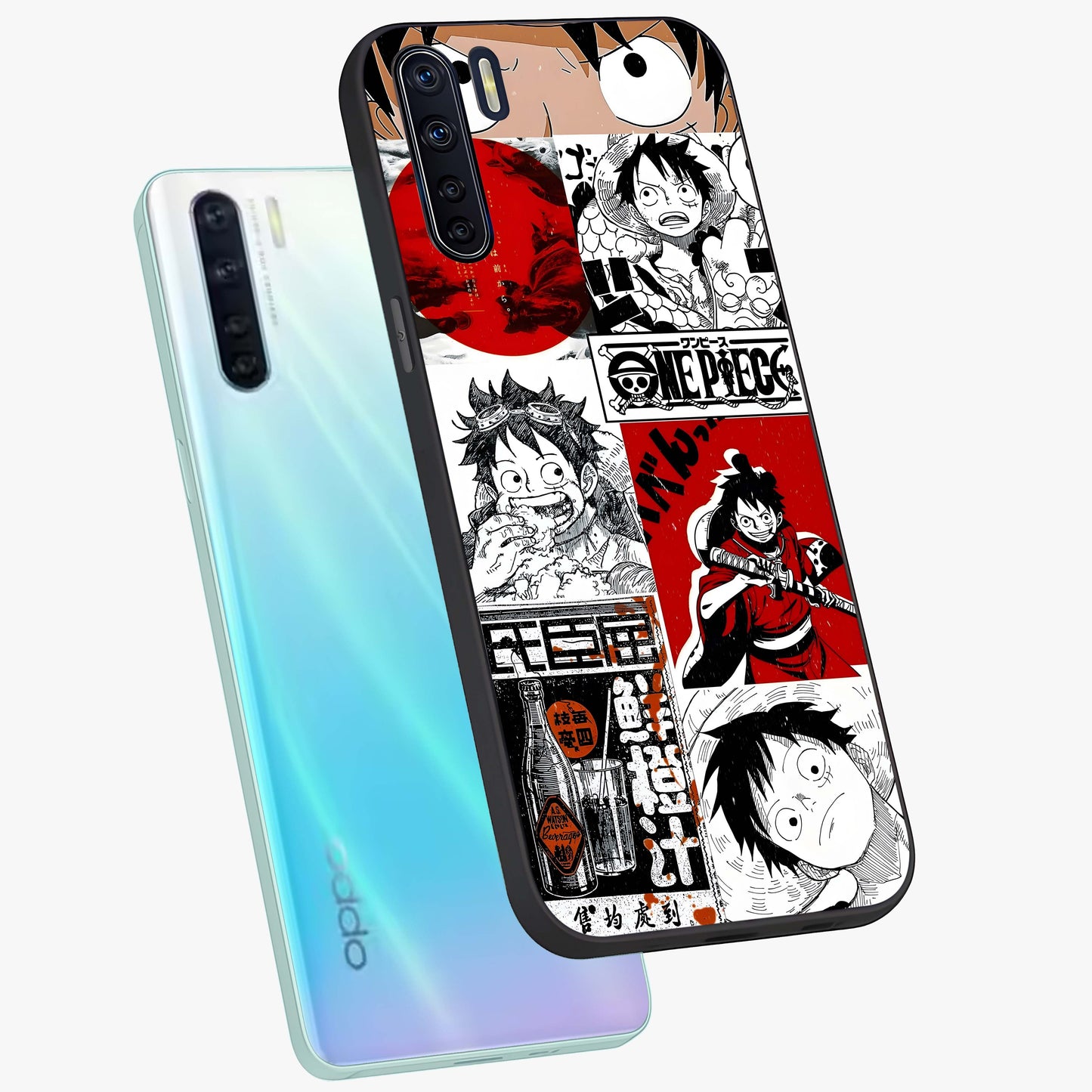 Strawhat Chaos Panels Glass Case displayed in angled mockup highlighting vibrant anime collage design with action aesthetic.