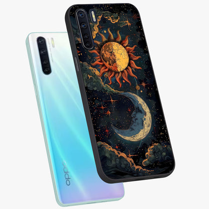Sun And Moon Magic Design Glass Case displayed in angled mockup highlighting celestial design with magical cosmic aesthetic.