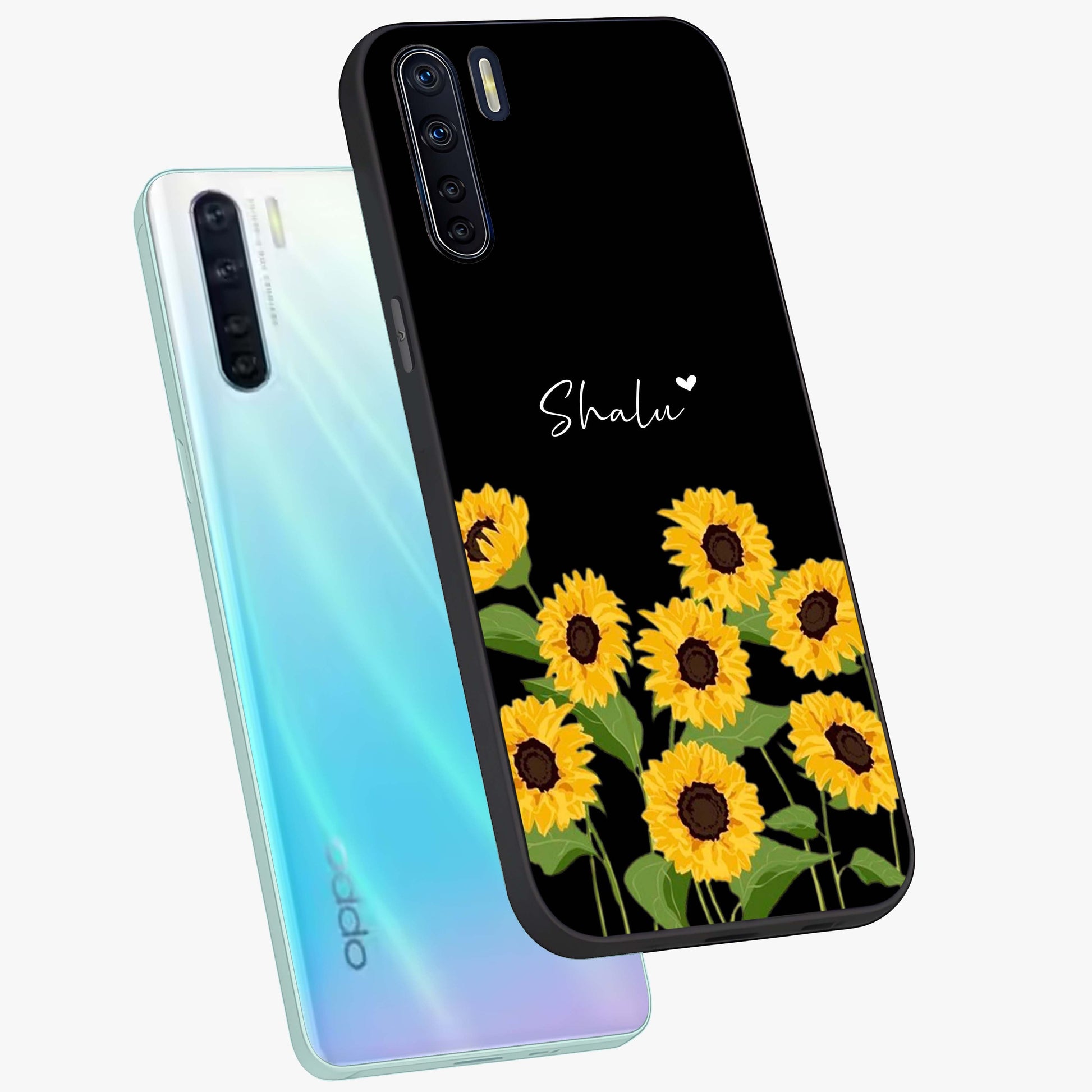 Sunflower Chic Mood Custom Name Glass Case displayed in angled mockup highlighting vibrant sunflower design with custom name feature.