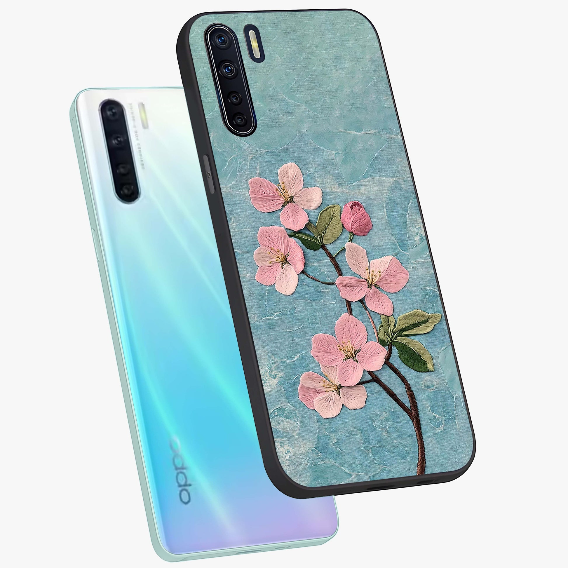 Threaded Blossom Breeze Glass Case displayed in angled mockup highlighting elegant floral design with soft aesthetic style.