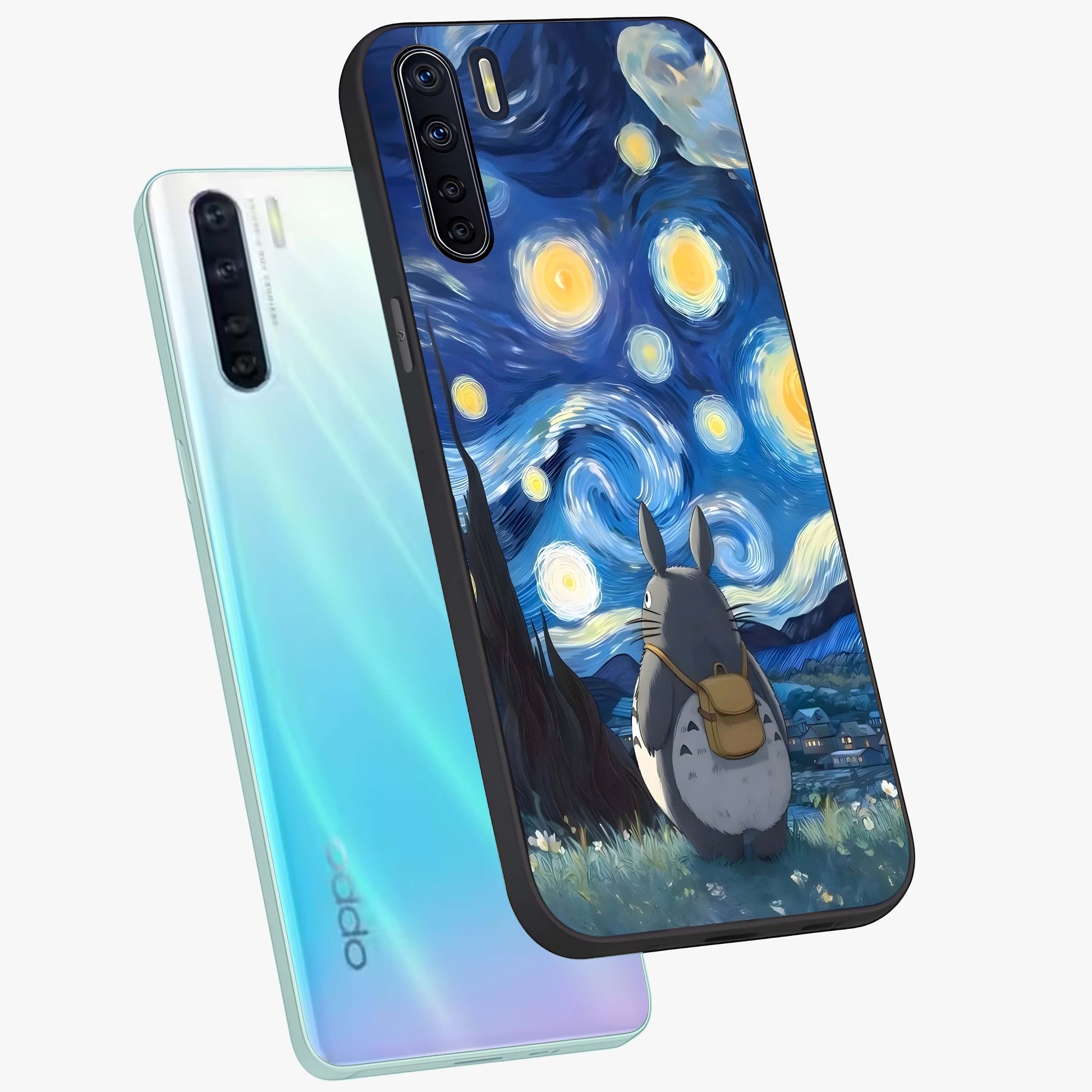 Totoro In Van Gogh Art Glass Case displayed in angled mockup highlighting artistic swirling sky design with playful animation aesthetic.