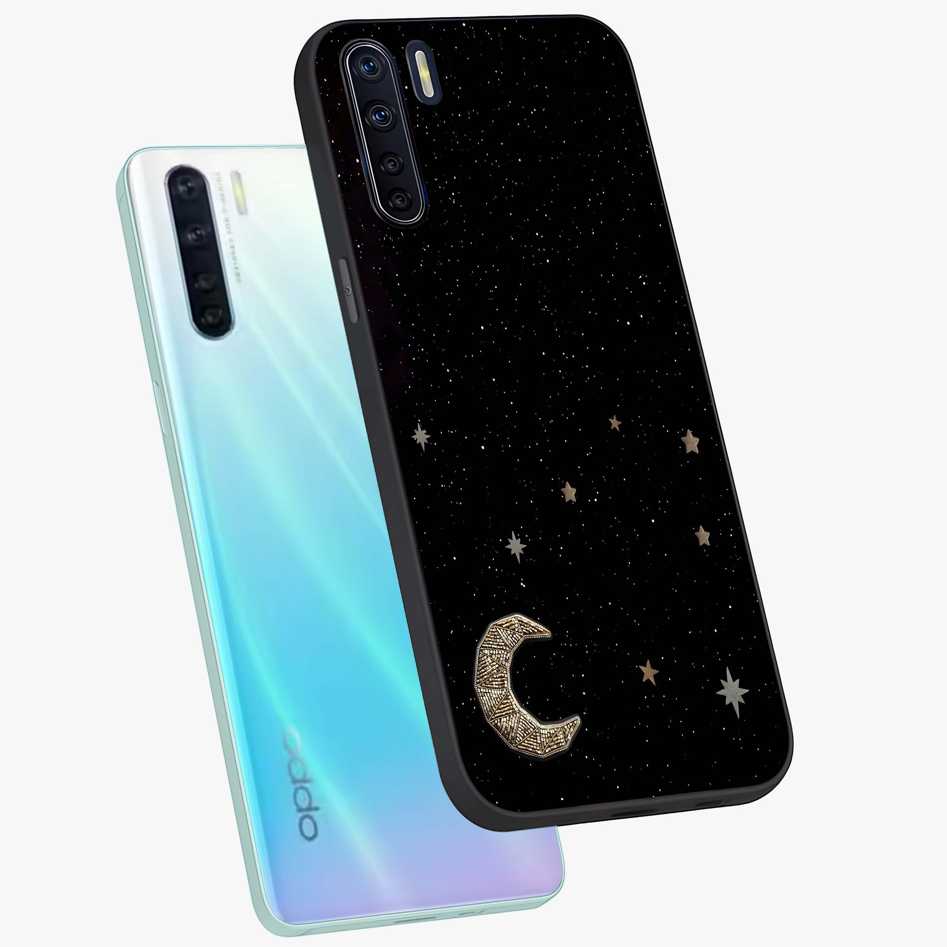 Twinkle Star With Half Moon Glass Case displayed in angled mockup highlighting celestial moon and star design with magical aesthetic.