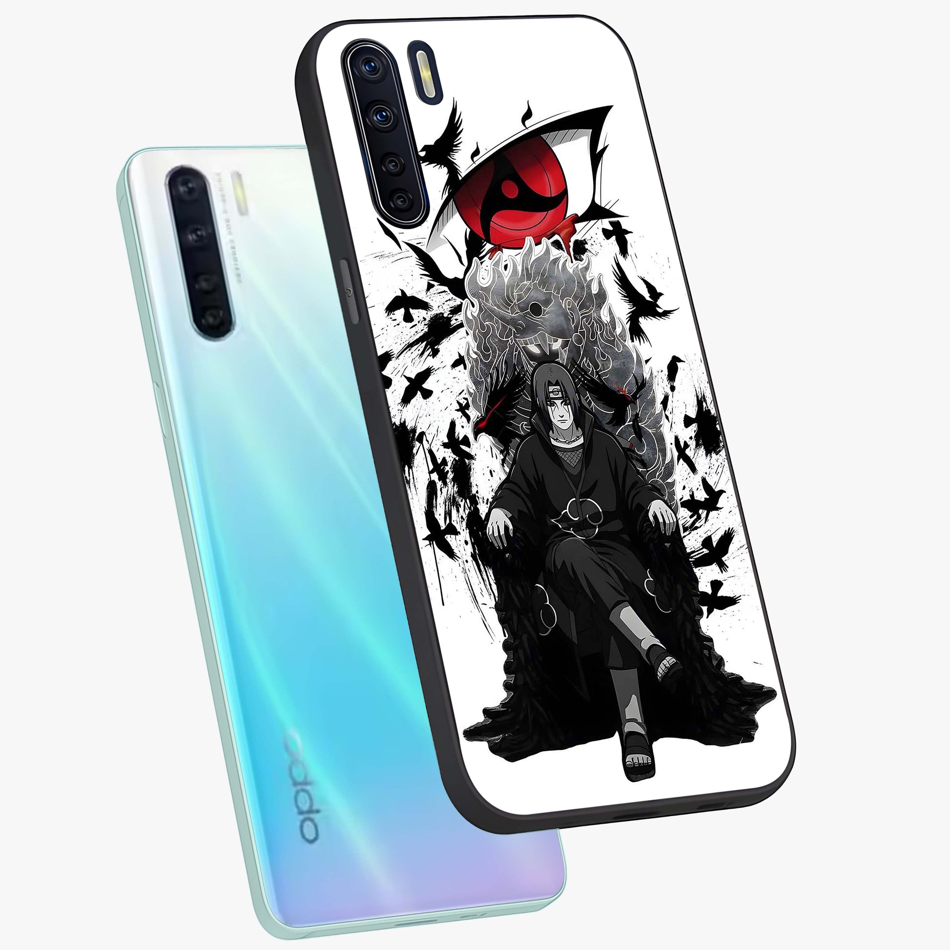 Uchiha Shadow Throne Glass Case displayed in angled mockup highlighting glowing aquatic design with celestial aesthetic.
