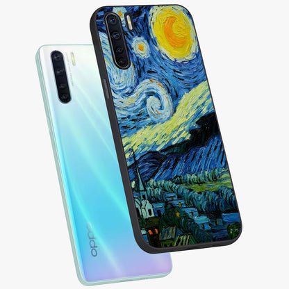 Van Gogh Art Glass Case displayed in angled mockup highlighting swirling brushstroke design with artistic aesthetic.