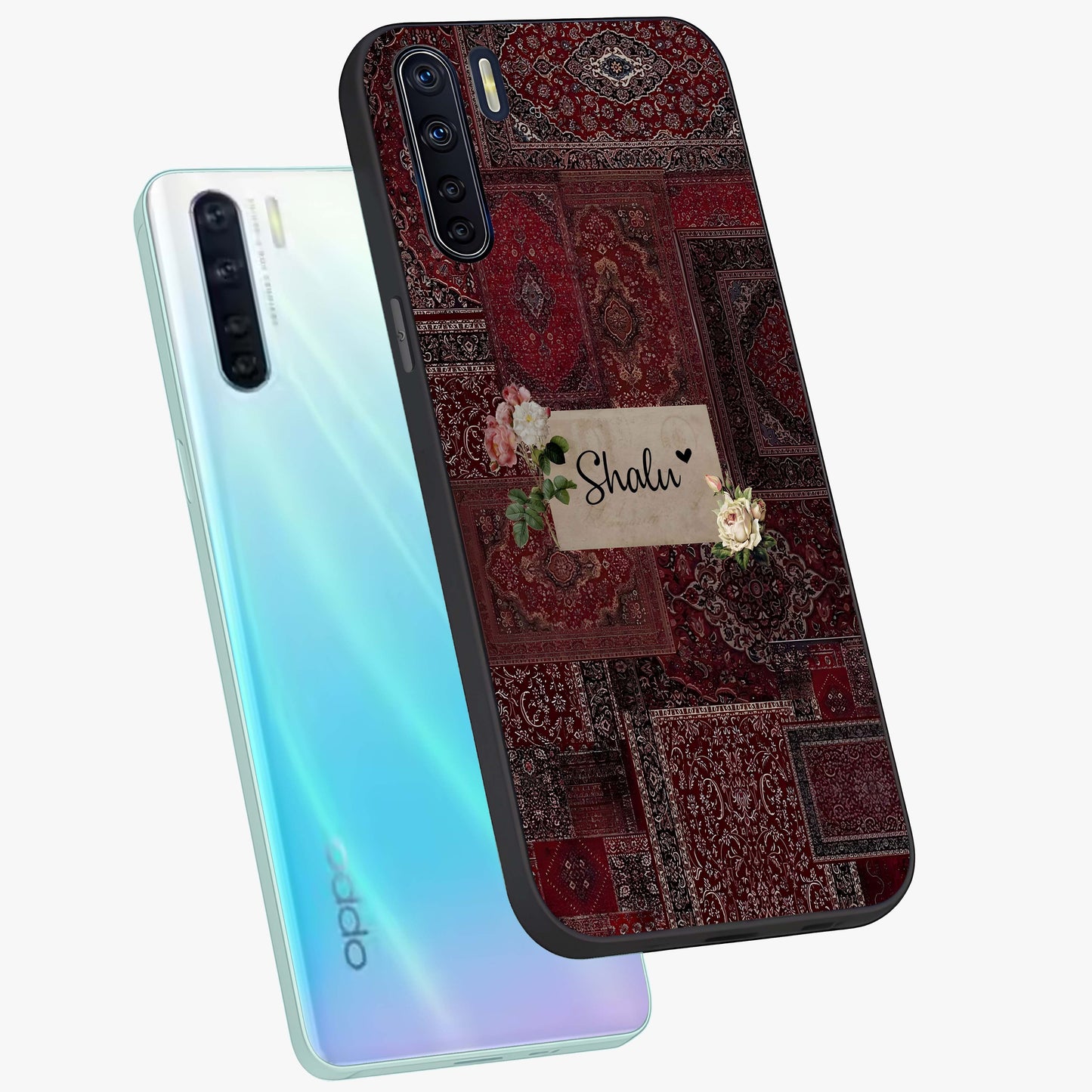 Velvet Wine Pattern Custom Name Glass Case displayed in angled mockup highlighting decorative velvet inspired design with custom name feature.