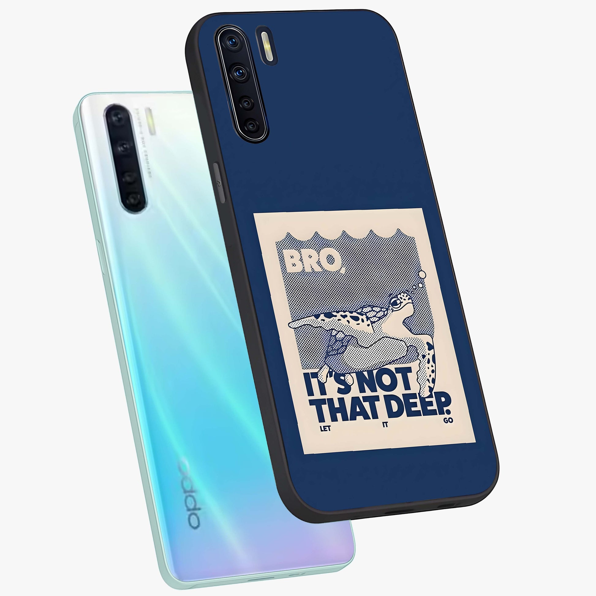 Worry Less Swim Glass Case displayed in angled mockup highlighting fun typography design with relaxed aesthetic style.