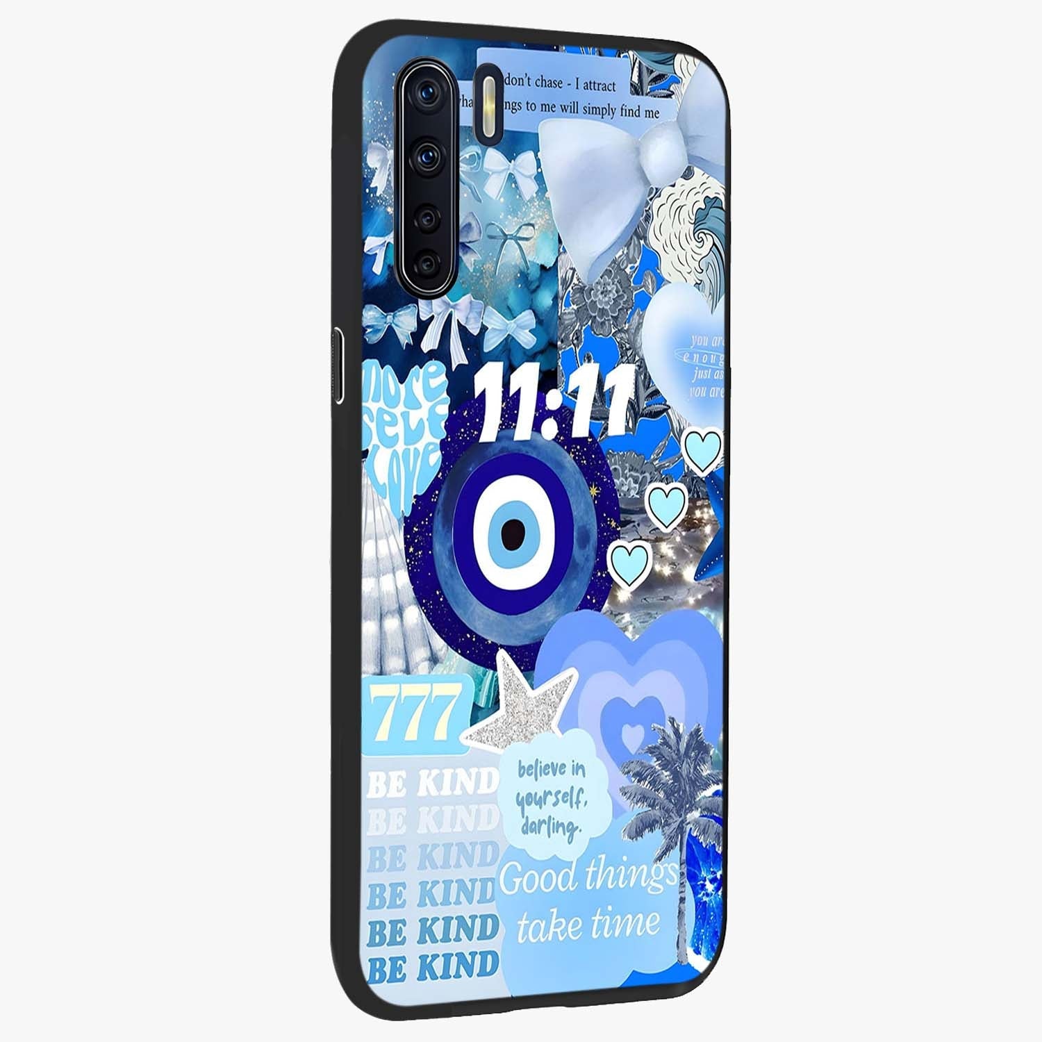 Aesthetic Be Kind Eye Glass Case upright view showcasing stylish eye illustration with positive message theme.