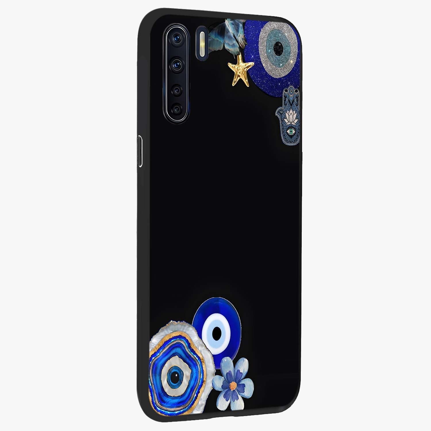 Aesthetic Blue Evil Eye Glass Case upright view showcasing mystical evil eye graphic with minimal aesthetic style.