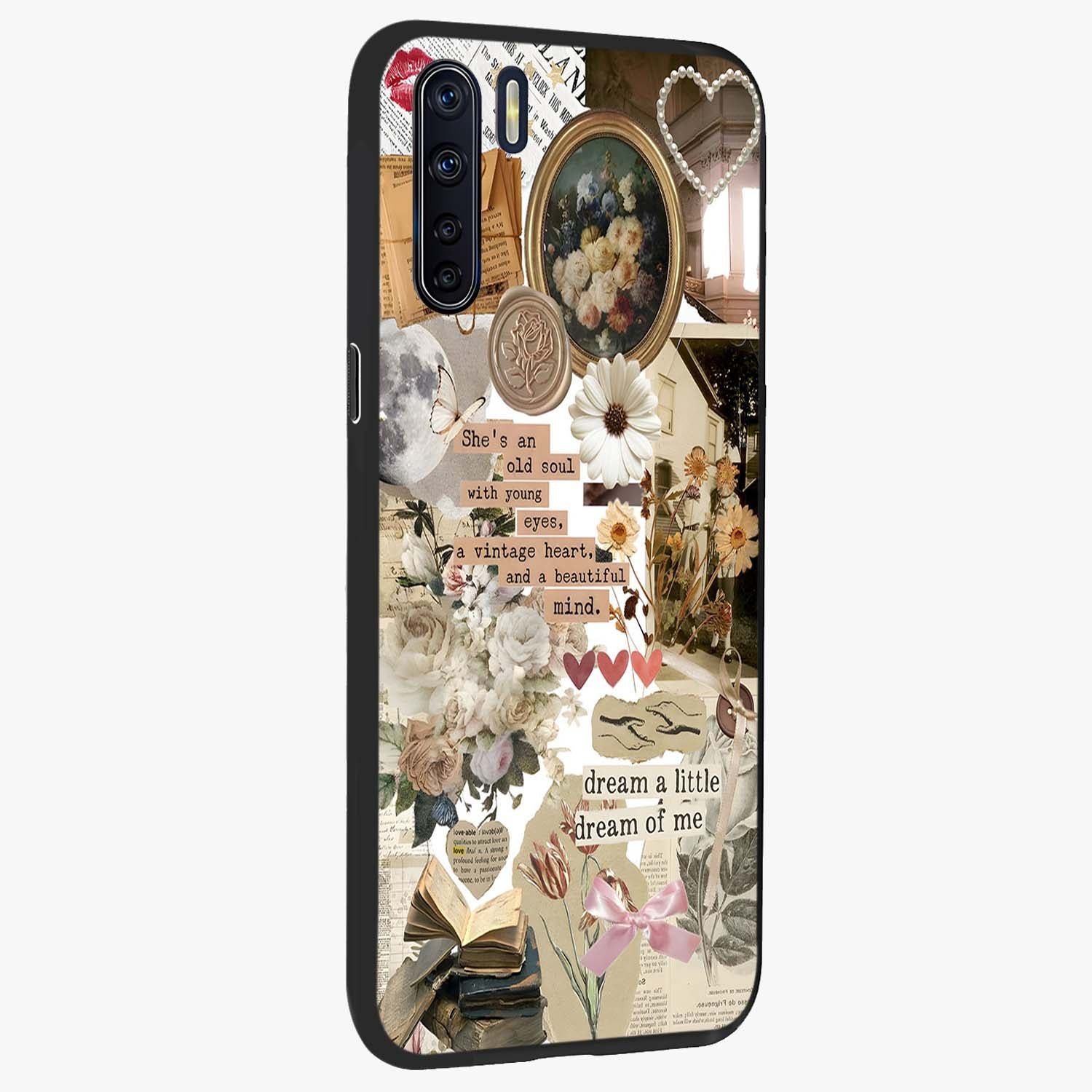 Aesthetic Brown Vintage Collage Glass Case upright view showcasing nostalgic retro artwork with stylish vintage theme.