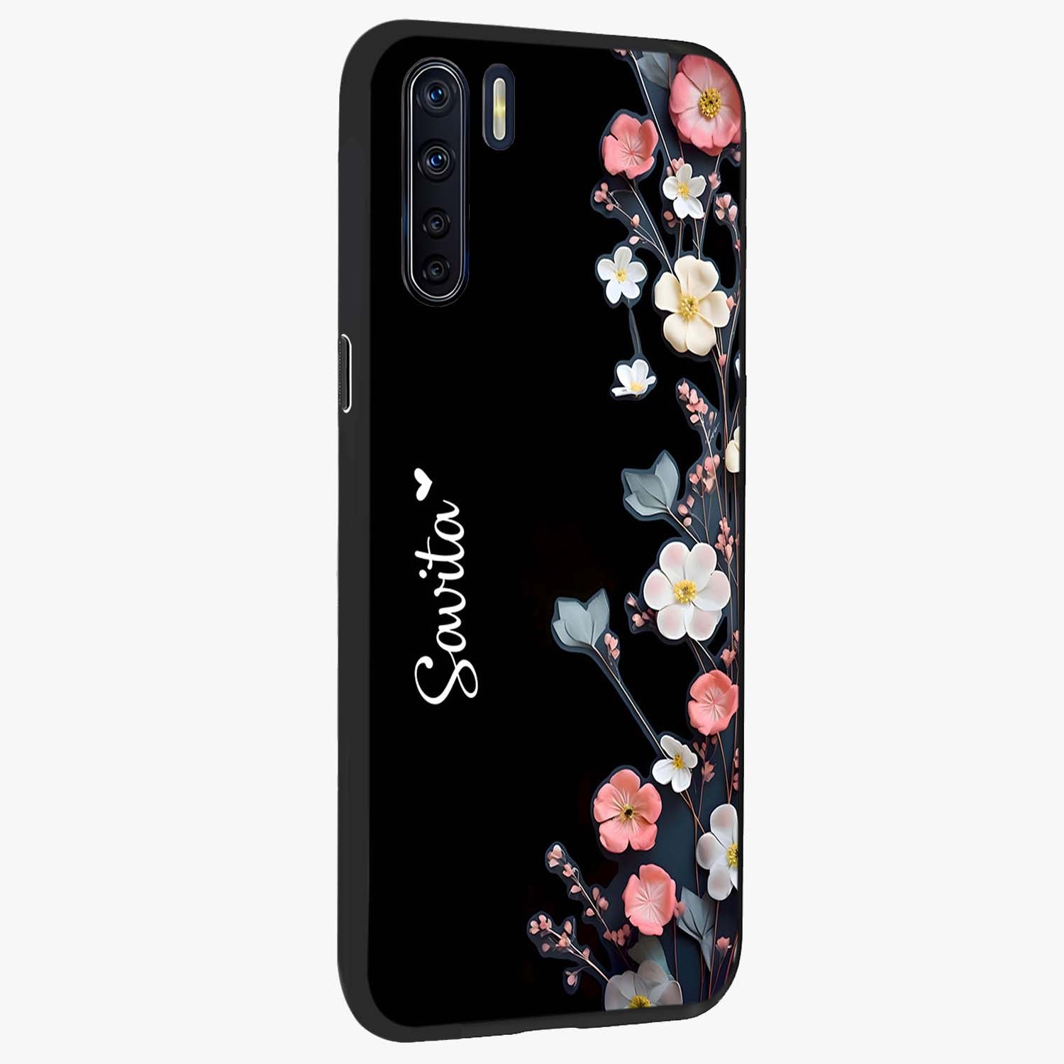Black Elegance Floral Custom Name Glass Case upright view showcasing luxurious black floral design with personalized name detail.