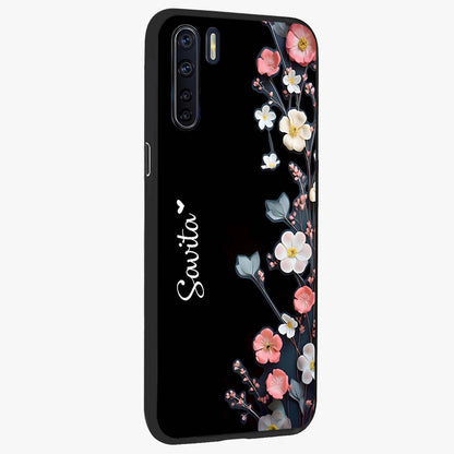 Black Elegance Floral Custom Name Glass Case upright view showcasing luxurious black floral design with personalized name detail.
