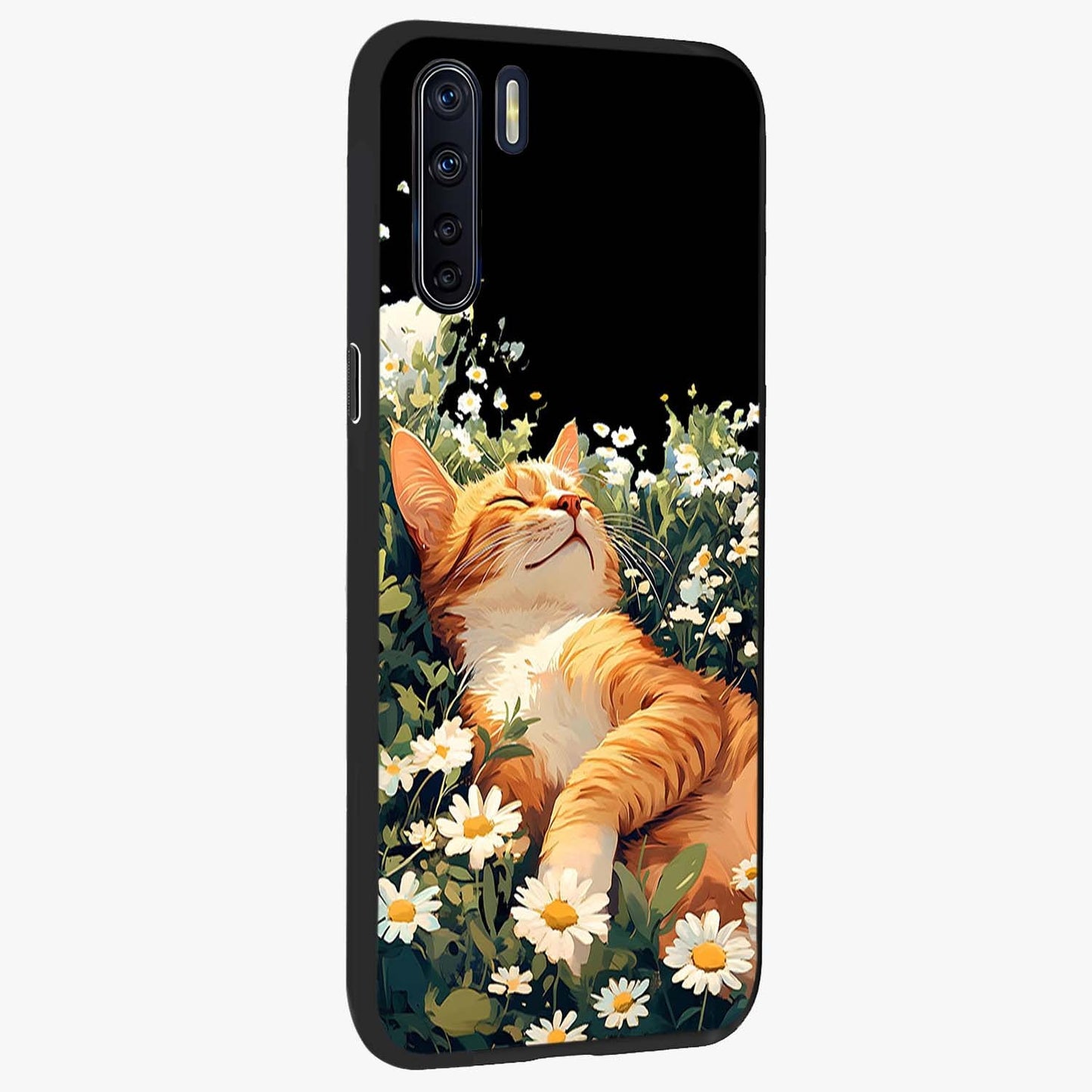 Blissful Bloom Cat Glass Case upright view showcasing charming cat design surrounded by blooming floral elements.