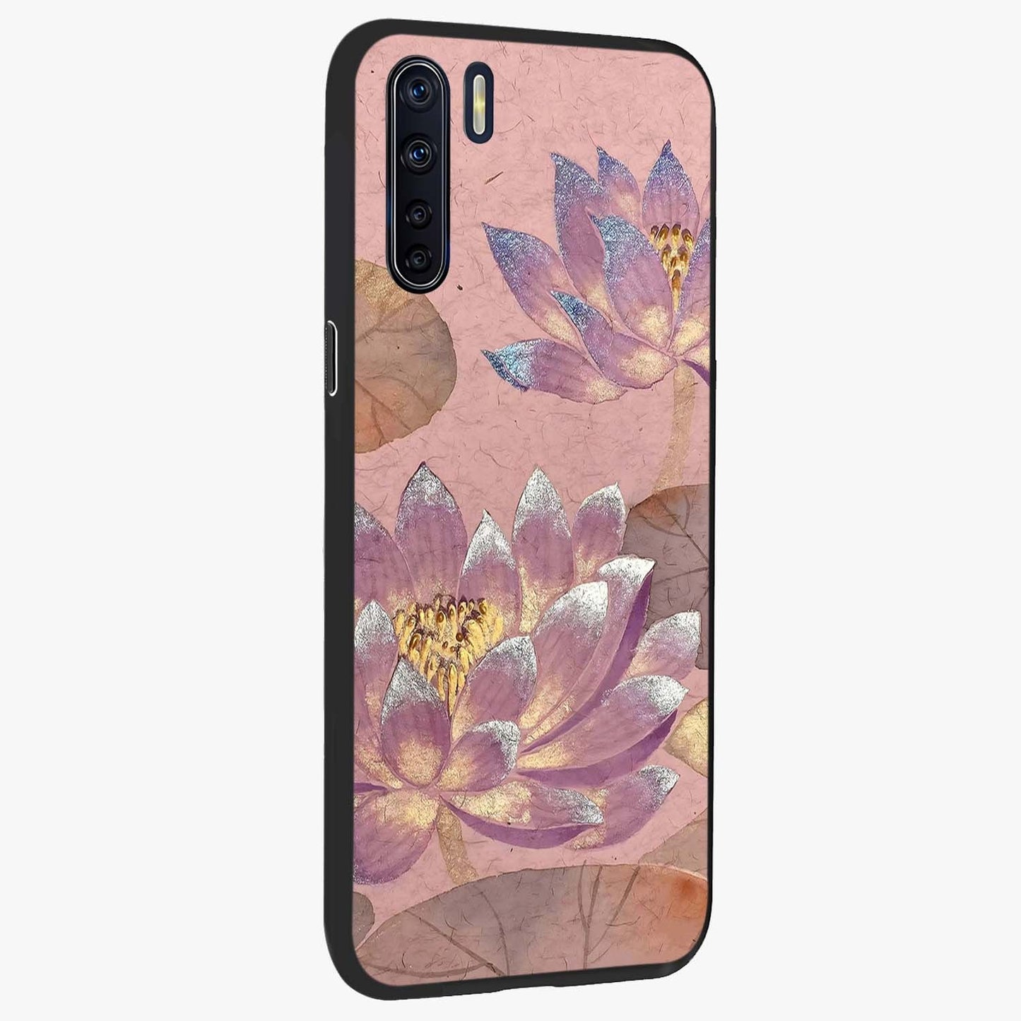 Blossom Mist Lotus Glass Case upright view showcasing graceful lotus flower design with peaceful botanical style.