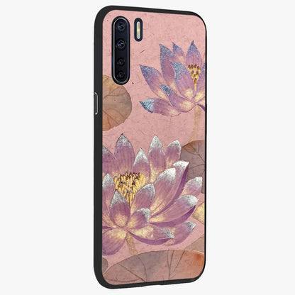 Blossom Mist Lotus Glass Case upright view showcasing graceful lotus flower design with peaceful botanical style.