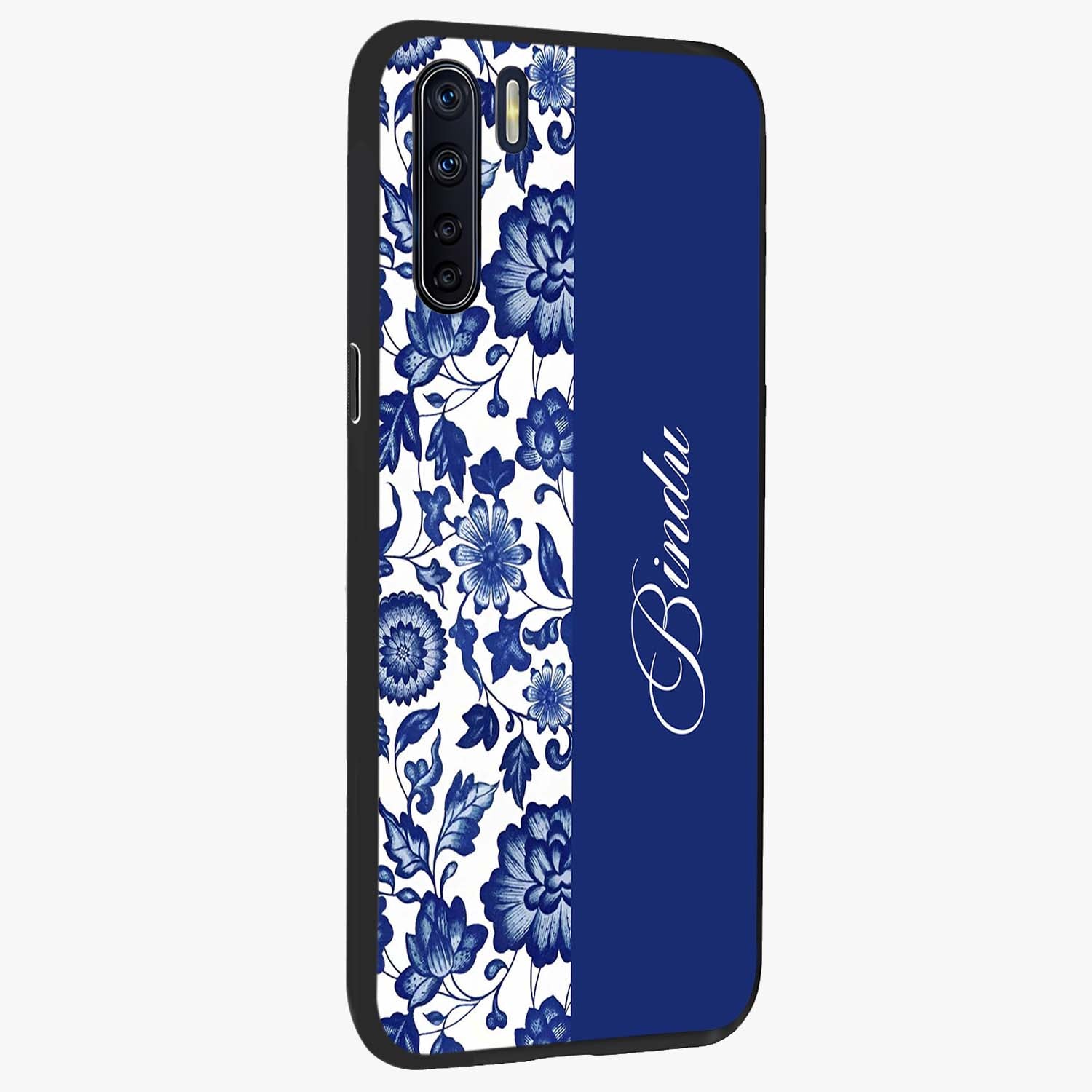 Blue Vintage Floral Pattern Glass Case upright view showcasing delicate blush floral texture with modern minimal style.