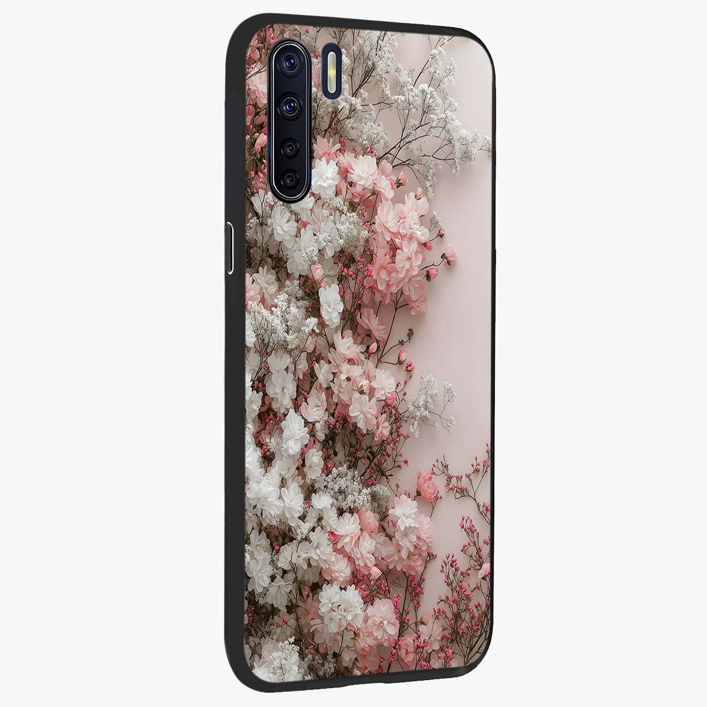Blush Blossom Cloud Glass Case upright view showcasing calm floral cloud artwork with gentle dreamy theme.