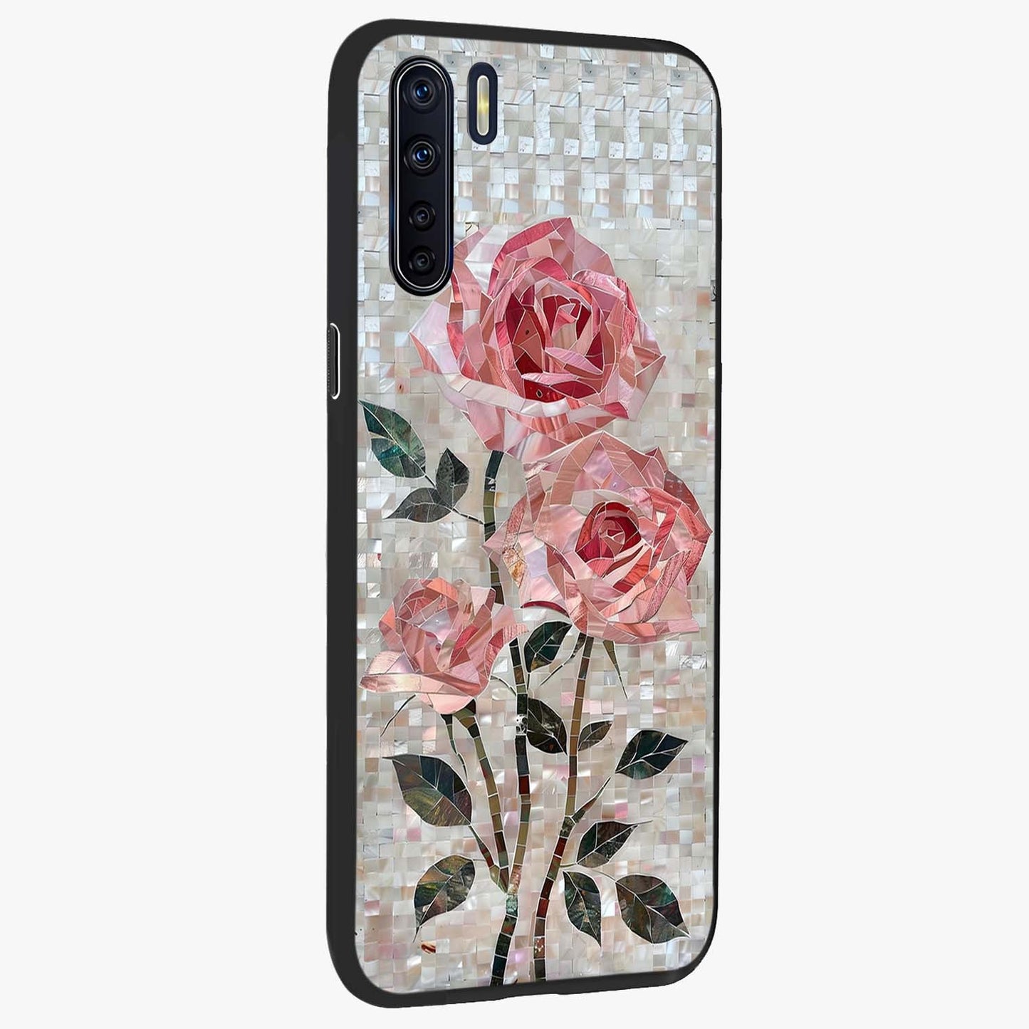 Blush Mosaic Bloom Glass Case upright view showcasing decorative floral mosaic artwork with stylish modern aesthetic.